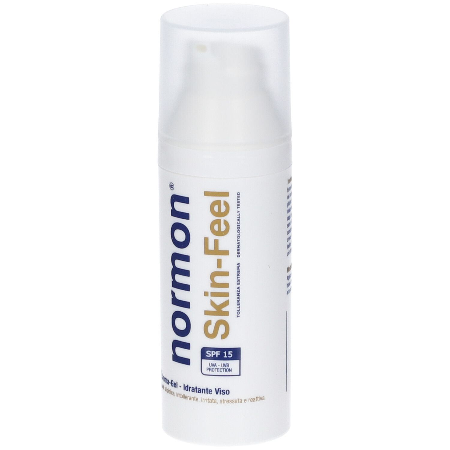 Flacone bianco con dosatore a pompa. Scritta: normon Skin-Feel, SPF 15. Crema-Gel, Idratante Viso.