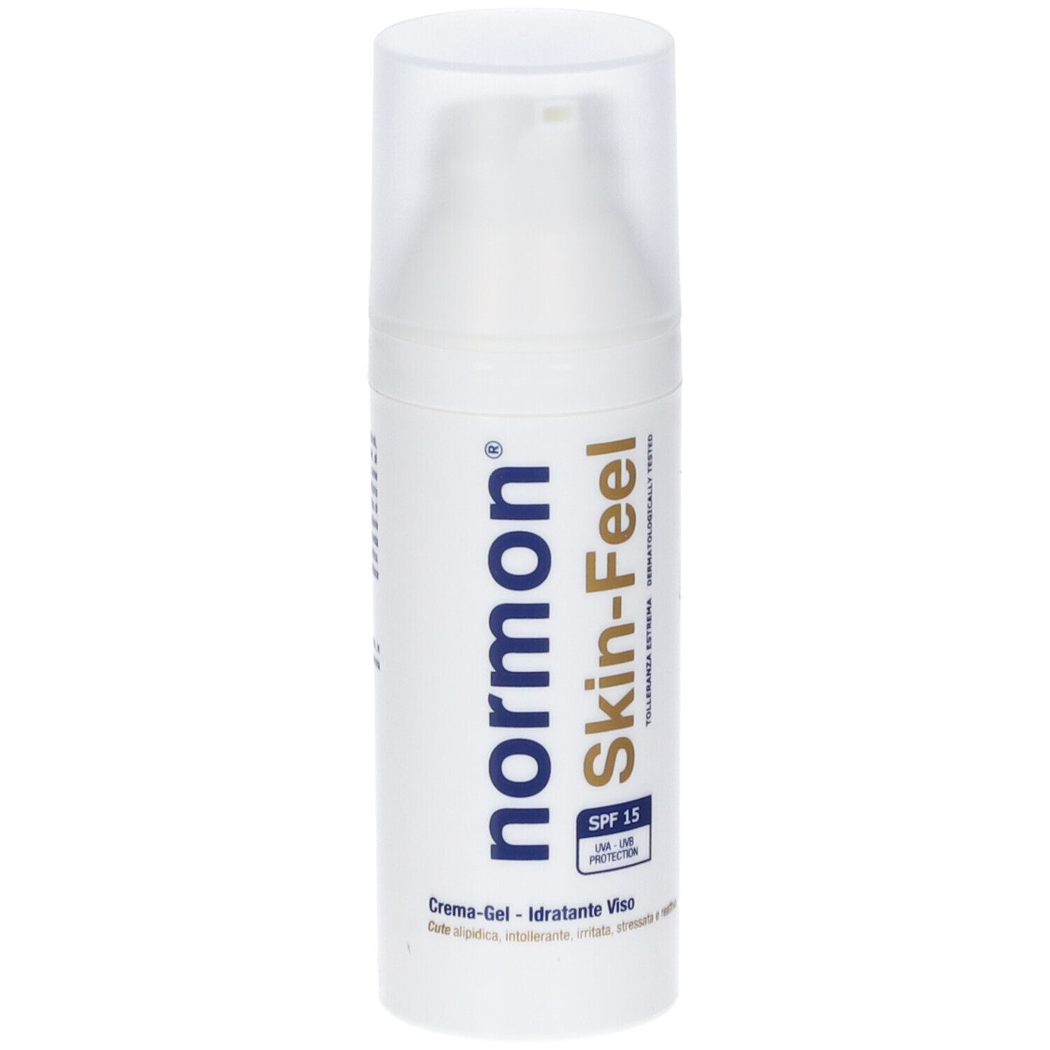 Flacone bianco con dosatore a pompa. Scritta: normon Skin-Feel, SPF 15. Crema-Gel, Idratante Viso.