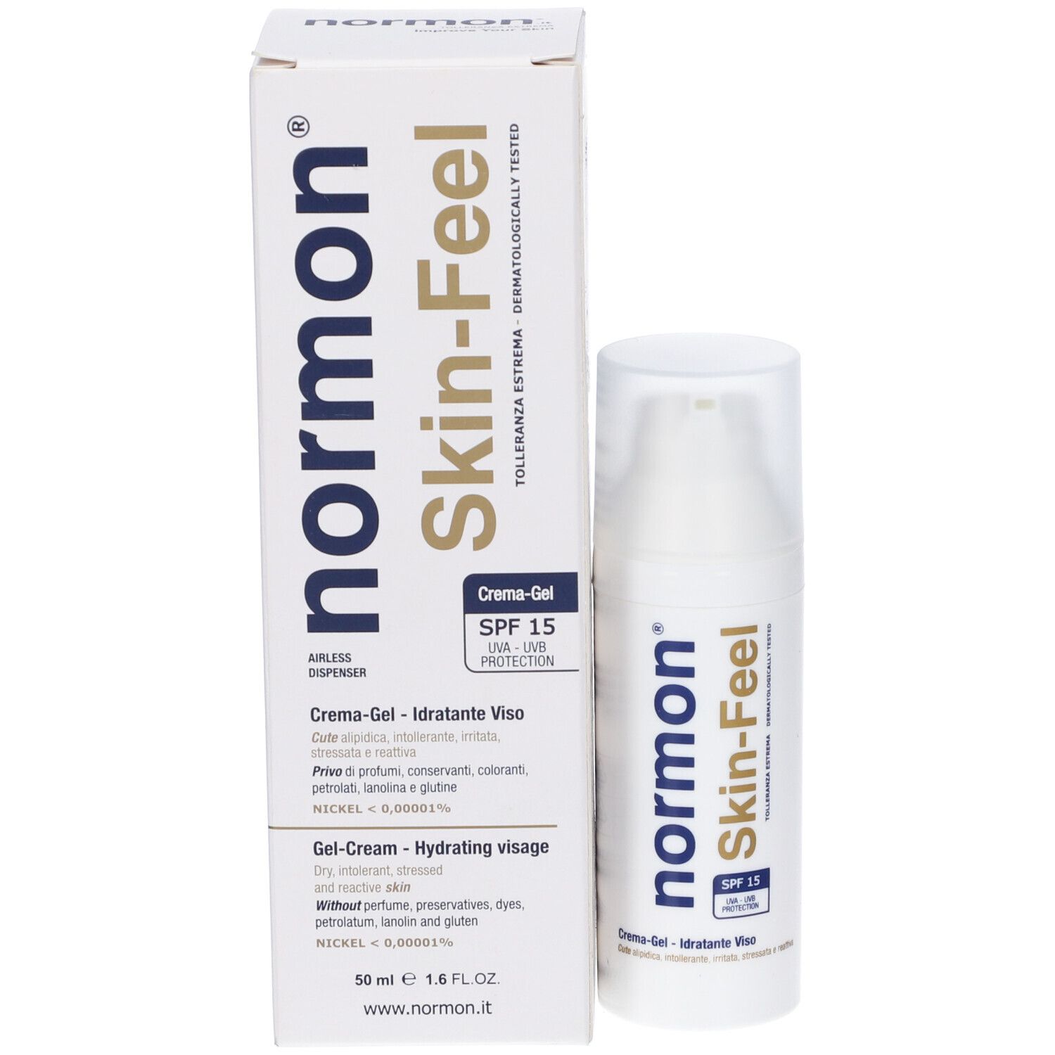 Prodotto e confezione. Flacone bianco e scatola. Scritta: normon Skin-Feel, SPF 15. Crema-Gel, Idratante Viso.