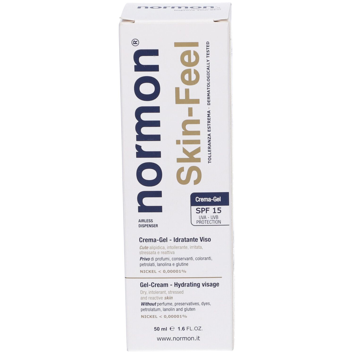 Confezione in cartone. Scritta: normon Skin-Feel, SPF 15. Crema-Gel, Idratante Viso. 50 ml, 1.6 FL.OZ.