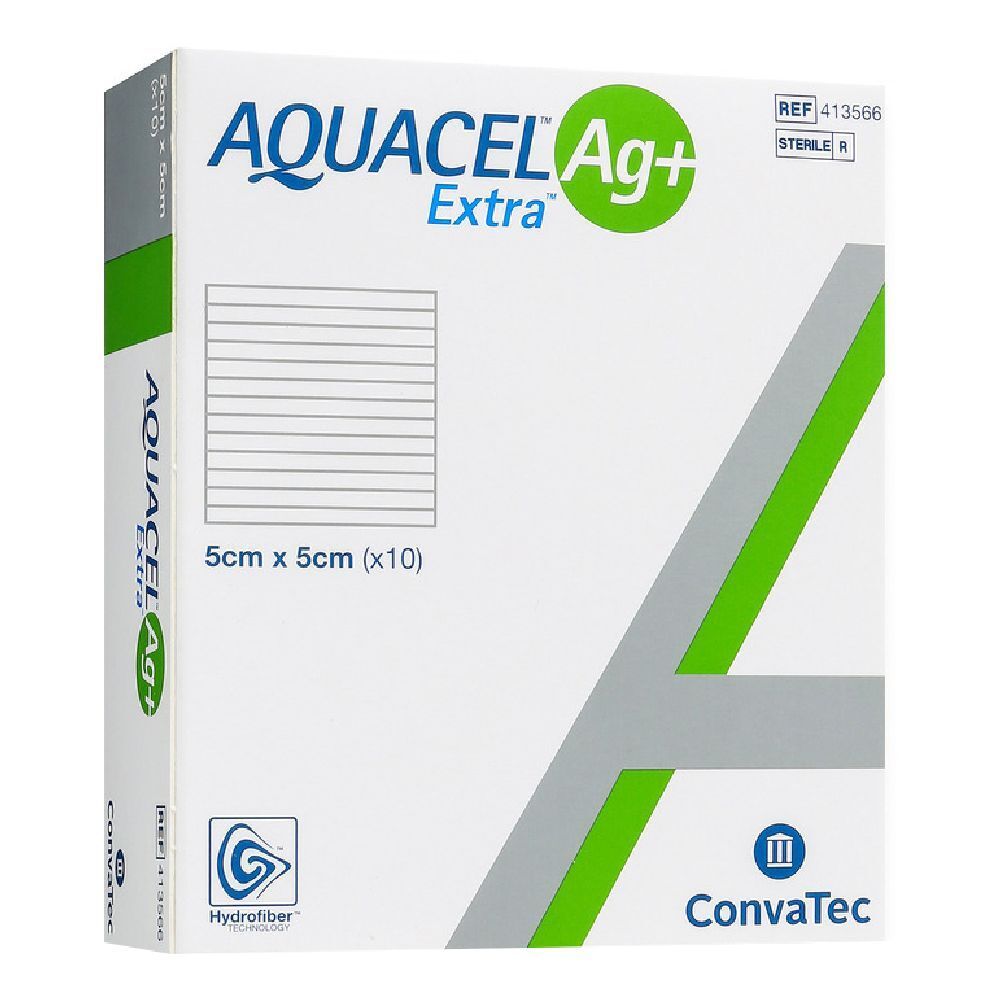 Confezione di medicazioni AQUACEL Ag+ Extra. 5x5cm, 10 pezzi. Tecnologia Hydrofiber e logo Convatec.