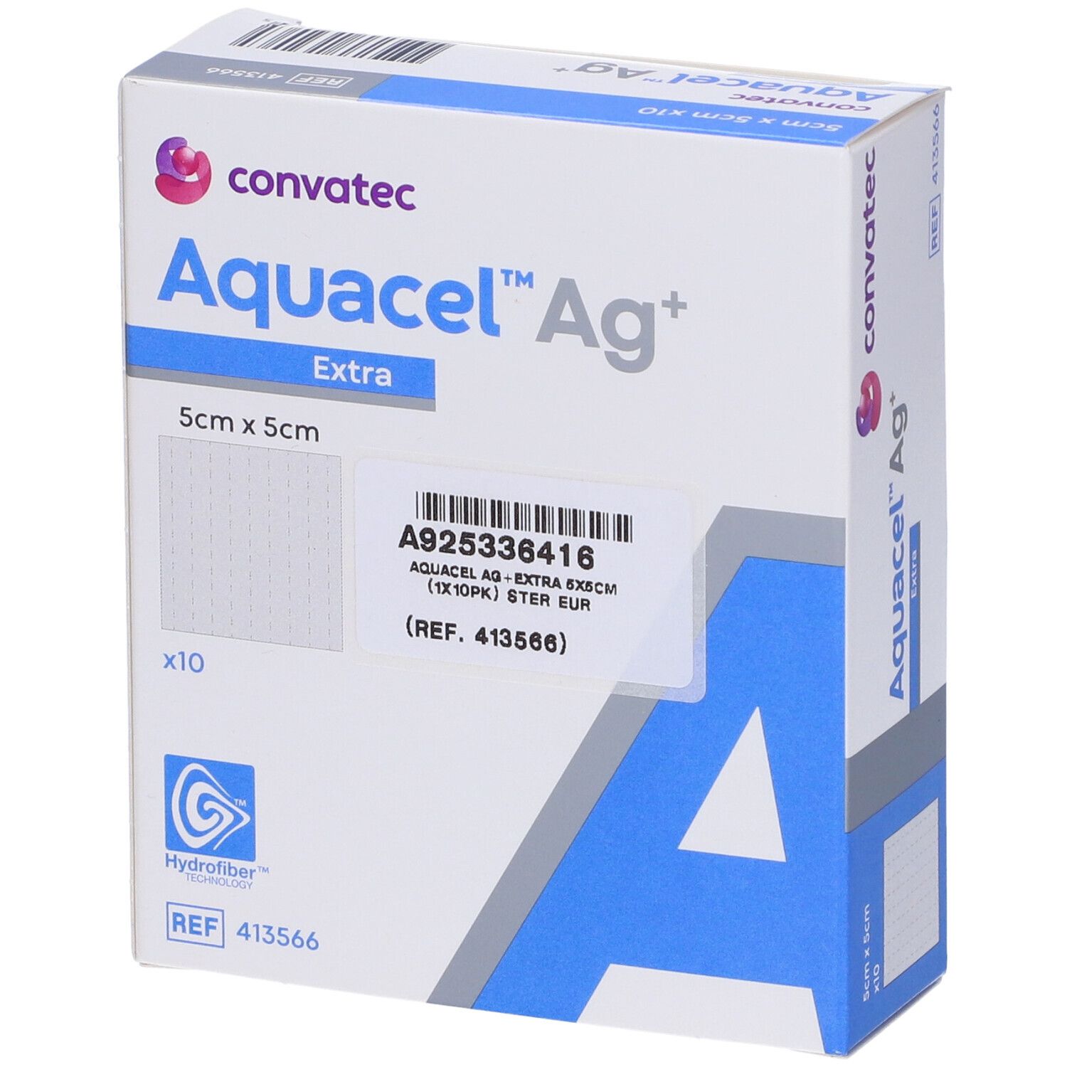 Confezione di medicazioni AQUACEL Ag+ Extra. 5x5cm, 10 pezzi. Logo Convatec e codice a barre.