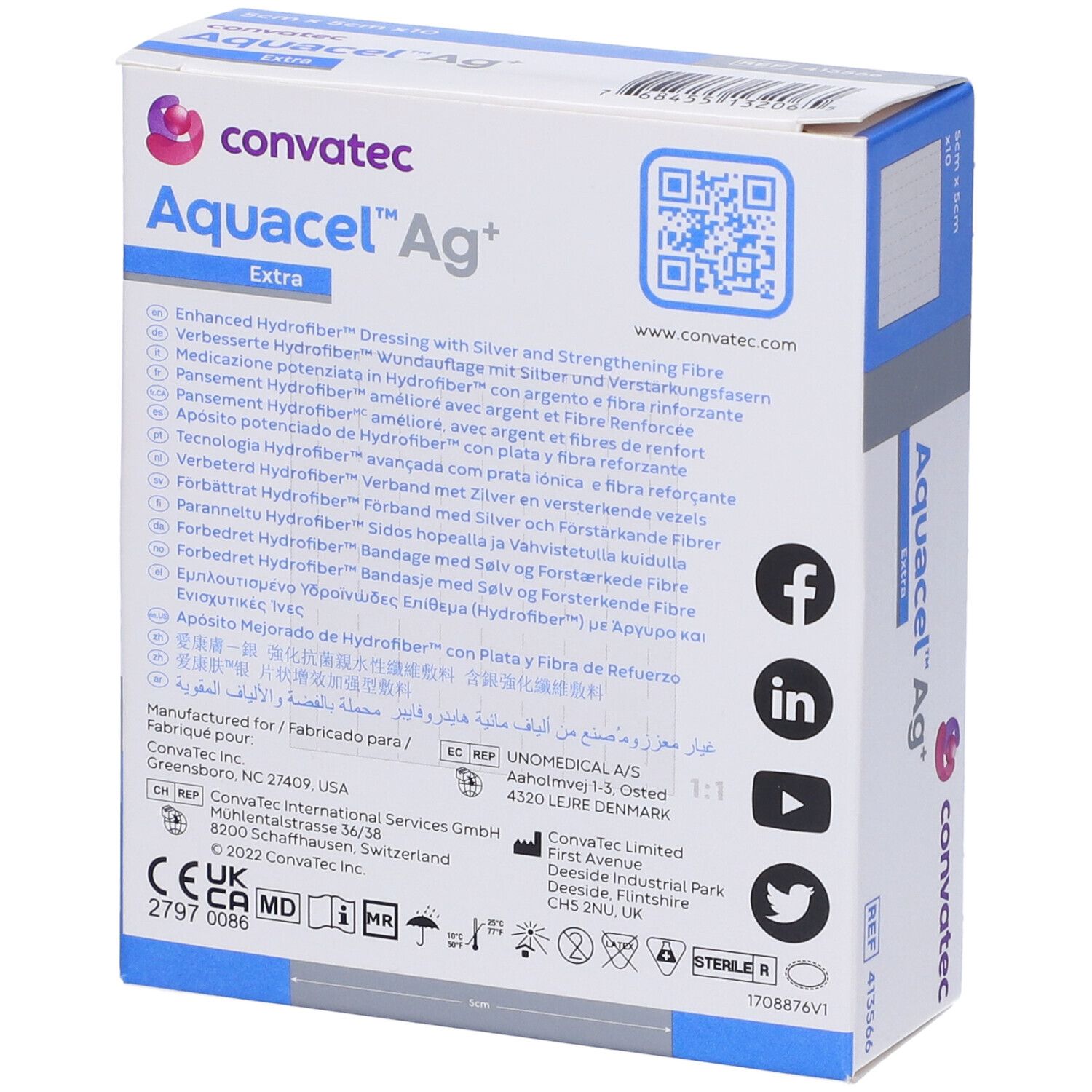 Retro della confezione AQUACEL Ag+ Extra. Testo multilingue, loghi e contatti.