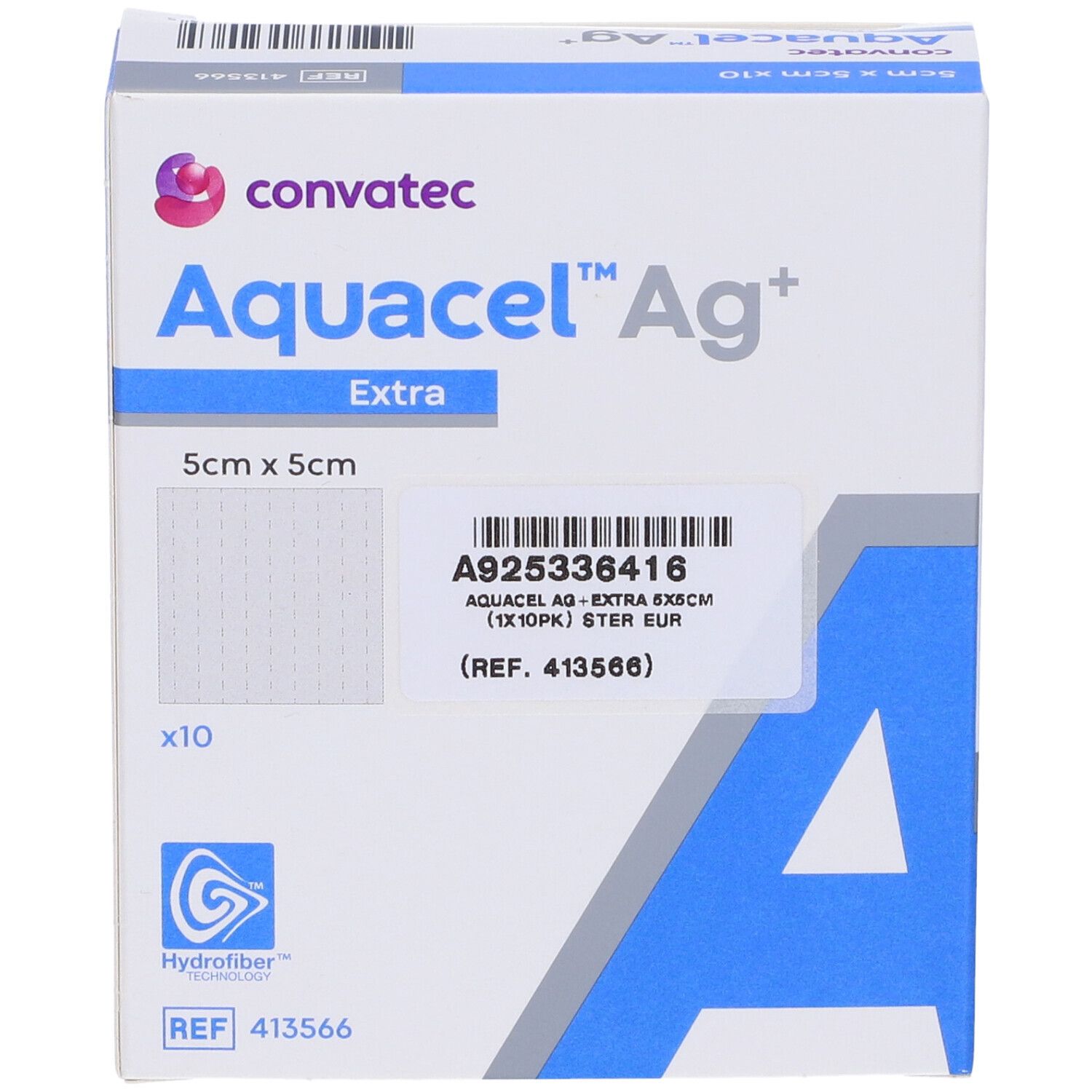 Confezione di medicazioni AQUACEL Ag+ Extra. 5x5cm, 10 pezzi. Logo Convatec e codice a barre.