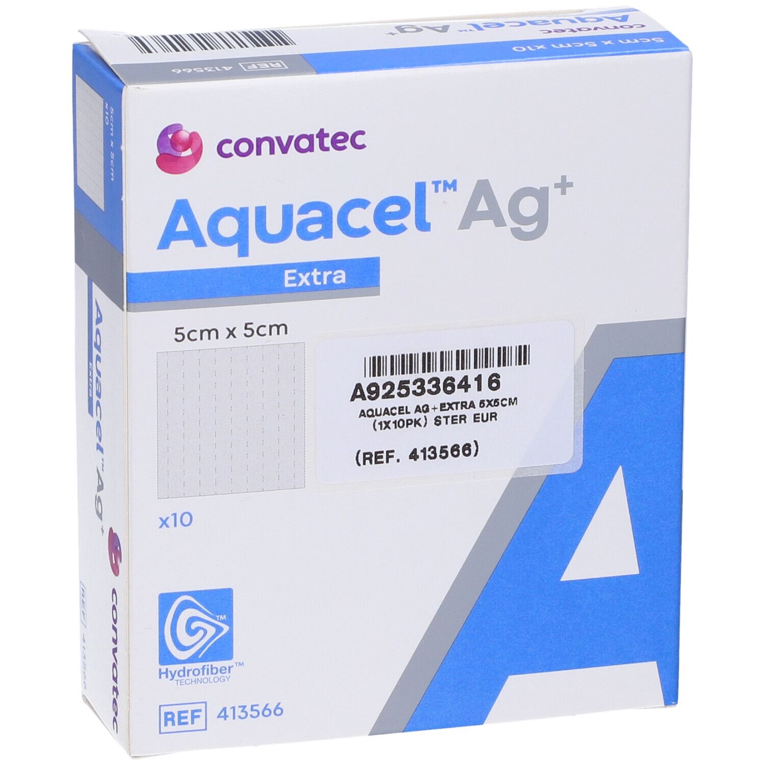 Confezione di medicazioni AQUACEL Ag+ Extra. 5x5cm, 10 pezzi. Logo Convatec e codice a barre.