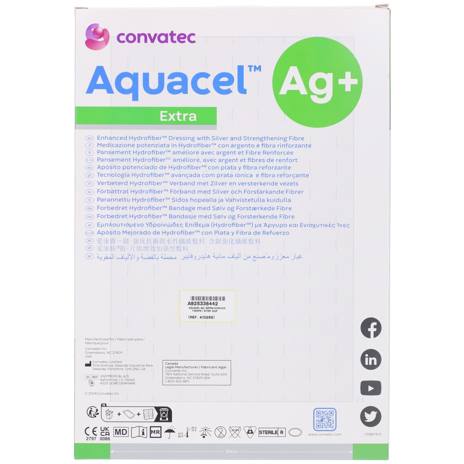 Rückseite der Verpackung. Textinformationen in mehreren Sprachen. Marke Convatec. Logos und Zertifizierungen.