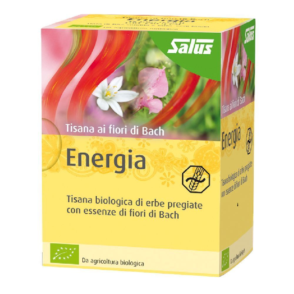 Scatola gialla con 'Energia'. Logo verde e bianco 'Salus'. Testo: 'Tisana ai fiori di Bach'. Certificazione bio.
