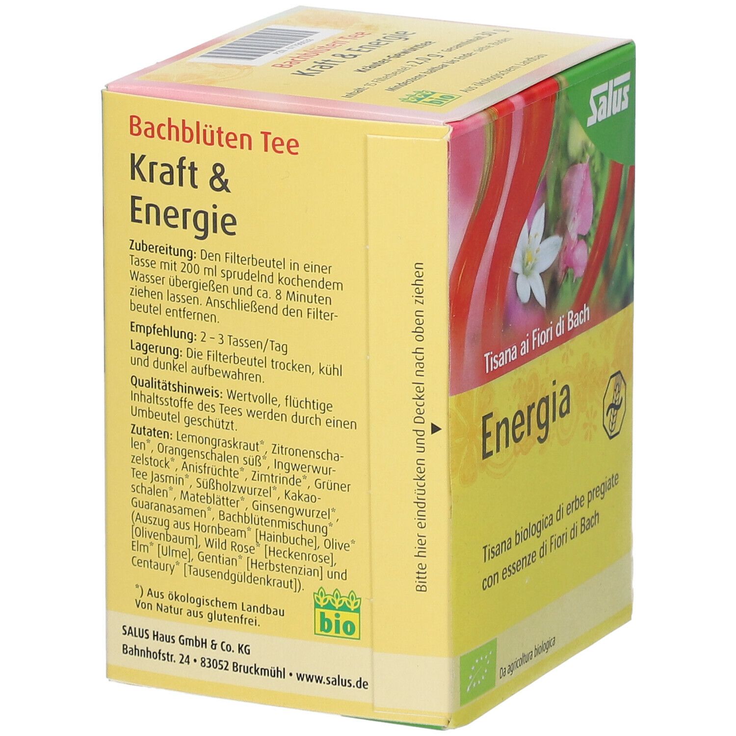Scatola gialla con 'Energia'. Logo 'Salus'. Testo: 'Bachblüten Tee Kraft & Energie'. Certificazione bio. Ingredienti.