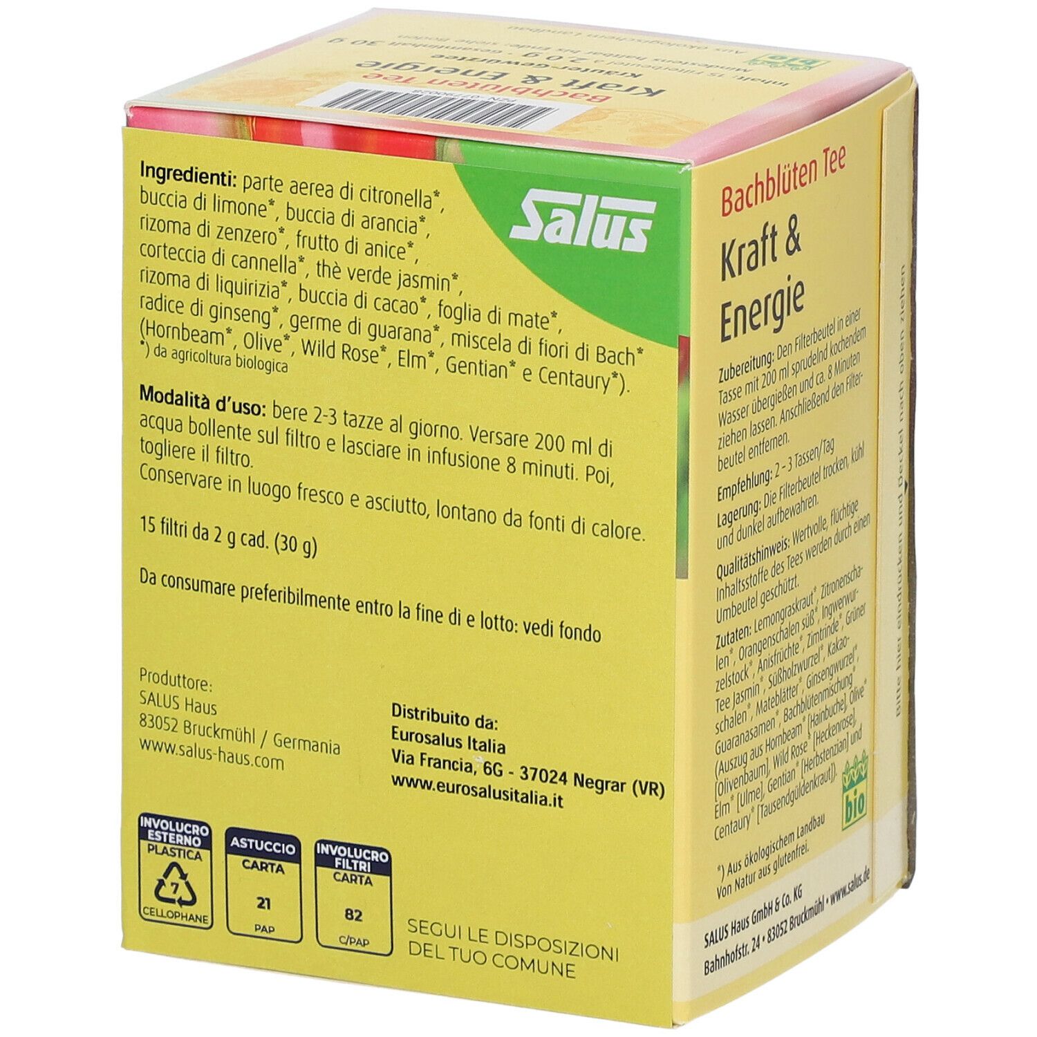 Scatola gialla con 'Energia'. Logo 'Salus'. Testo: 'Bachblüten Tee Kraft & Energie'. Certificazione bio. Istruzioni.