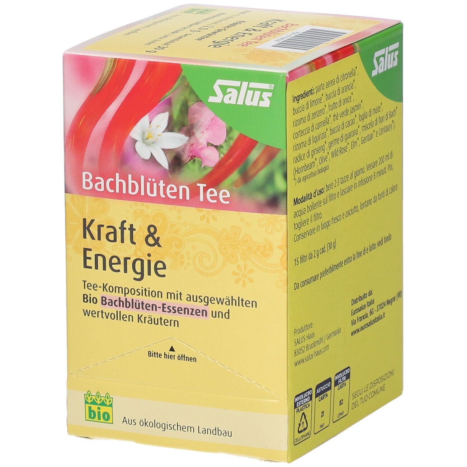 Scatola gialla con 'Energia'. Logo 'Salus'. Testo: 'Bachblüten Tee Kraft & Energie'. Certificazione bio. Istruzioni apertura.