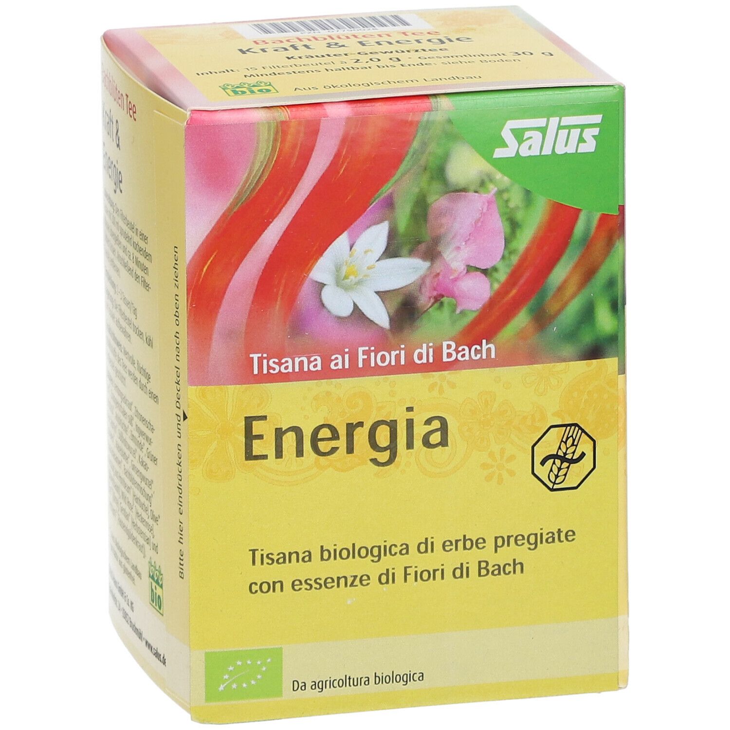 Scatola gialla con 'Energia'. Logo 'Salus'. Testo: 'Tisana ai fiori di Bach'. Certificazione bio. 30g.