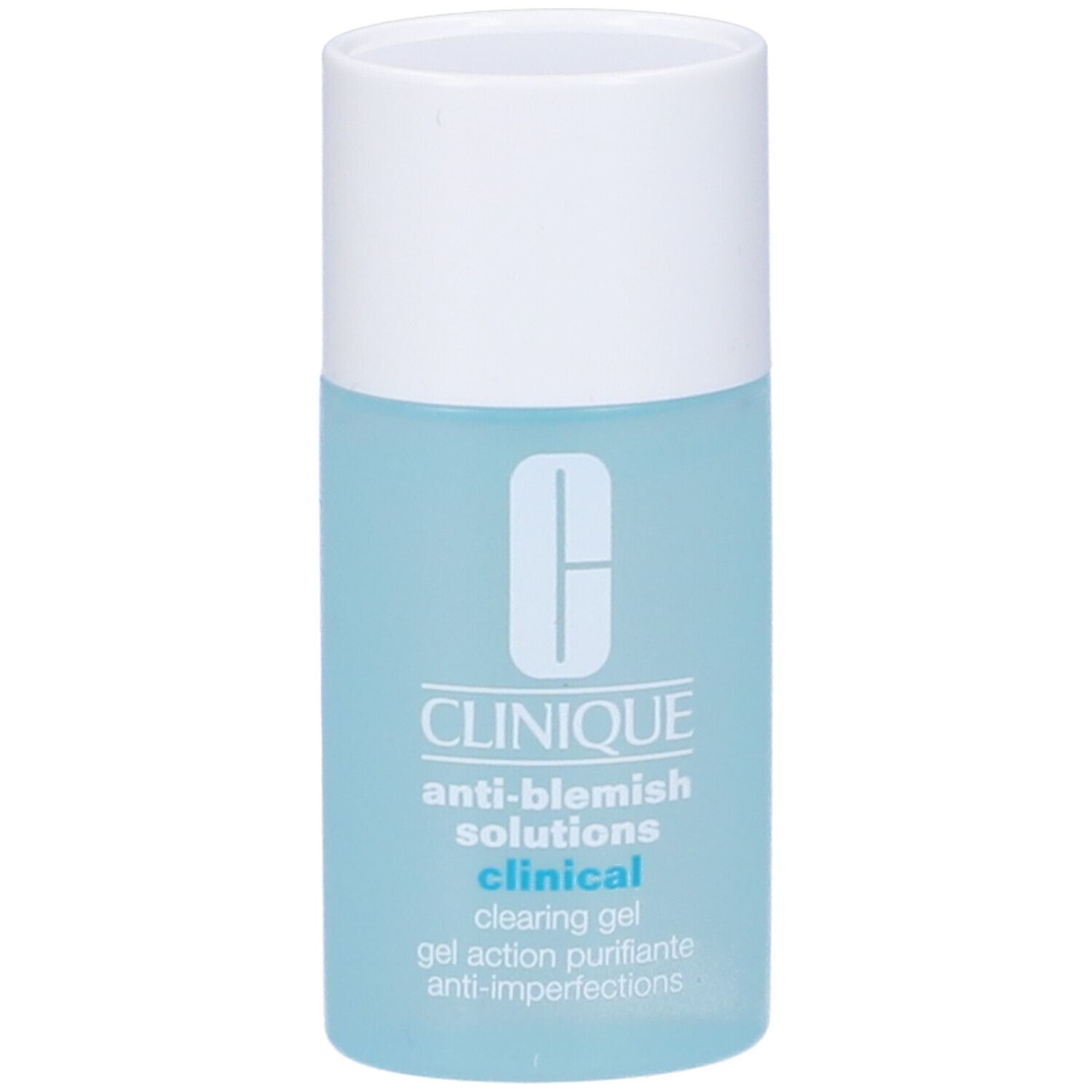 Flacone cilindrico con gel blu. Tappo bianco. Scritta: Clinique Anti-Blemish Solutions Clinical Clearing Gel.
