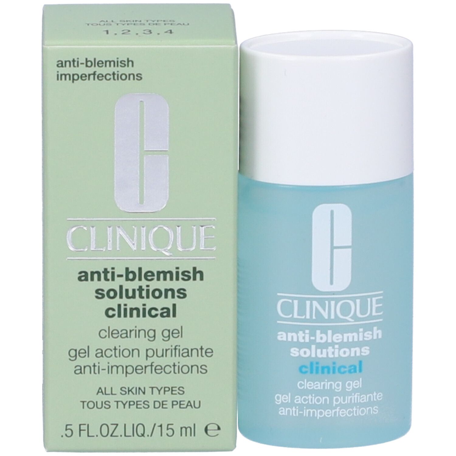 Confezione e flacone. Scatola verde e flacone cilindrico. Scritta: Clinique Anti-Blemish Solutions Clinical Clearing Gel.