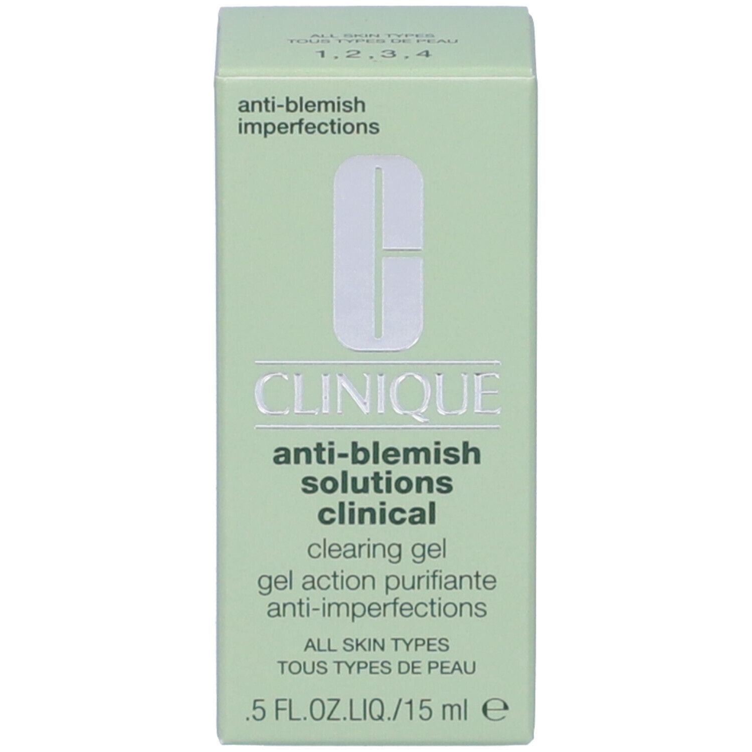 Scatola verde. Scritta: Clinique Anti-Blemish Solutions Clinical Clearing Gel. Testo: Tutti i tipi di pelle. 0,5 FL.OZ.LIQ./15 ml e.