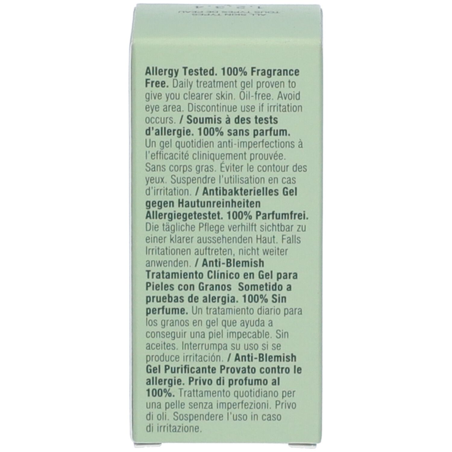 Lato della scatola verde. Testo: Testato contro le allergie. 100% senza profumo. Trattamento quotidiano per una pelle più chiara. Avvertenze.