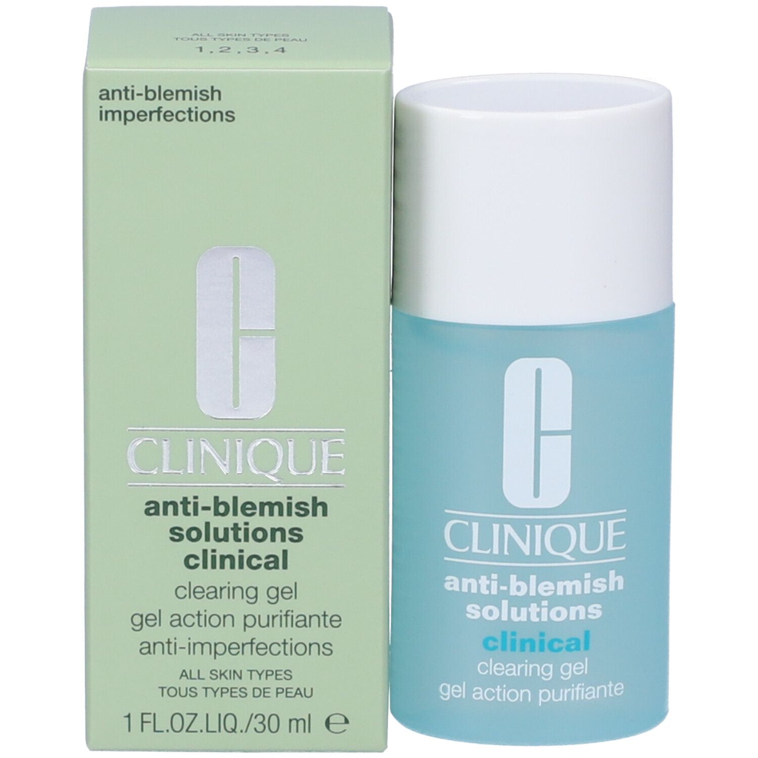 Prodotto e confezione. Flacone e scatola verde. Scritta: Clinique, Anti-Blemish Solutions, Clinical Clearing Gel.