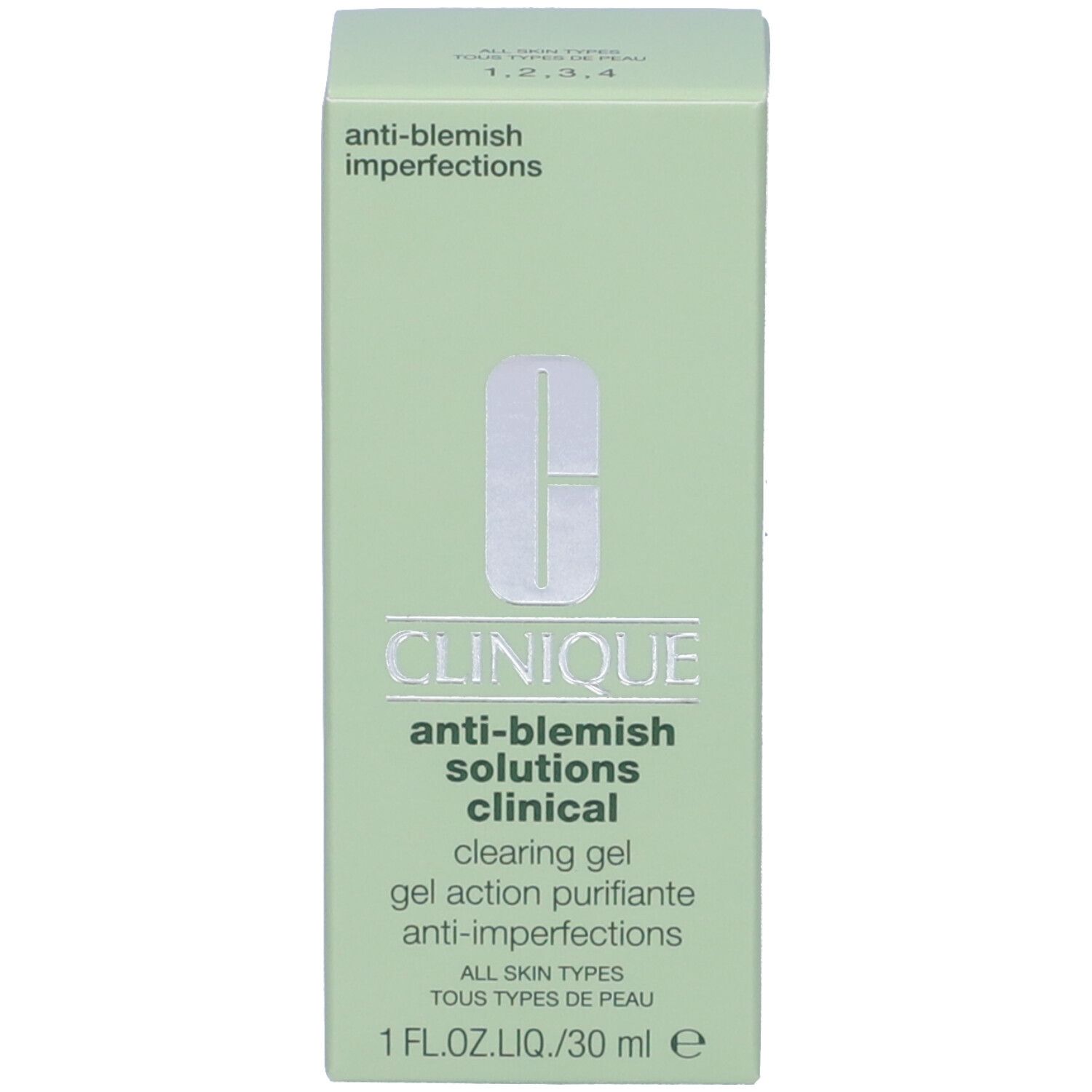 Scatola verde. Scritta: Clinique, Anti-Blemish Solutions, Clinical Clearing Gel. 1 FL.OZ.LIQ./30 ml.