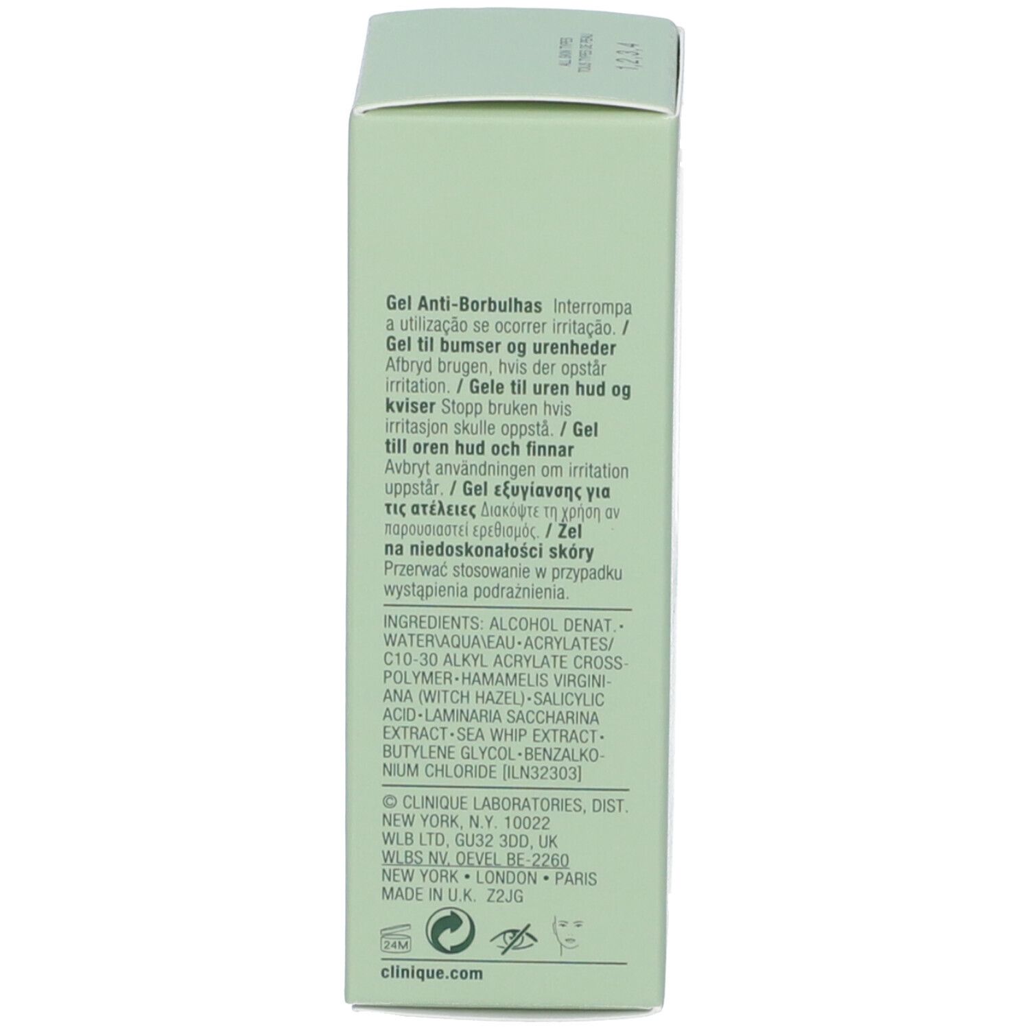 Retro della scatola verde. Testo multilingue, incluso l'italiano, sul prodotto.