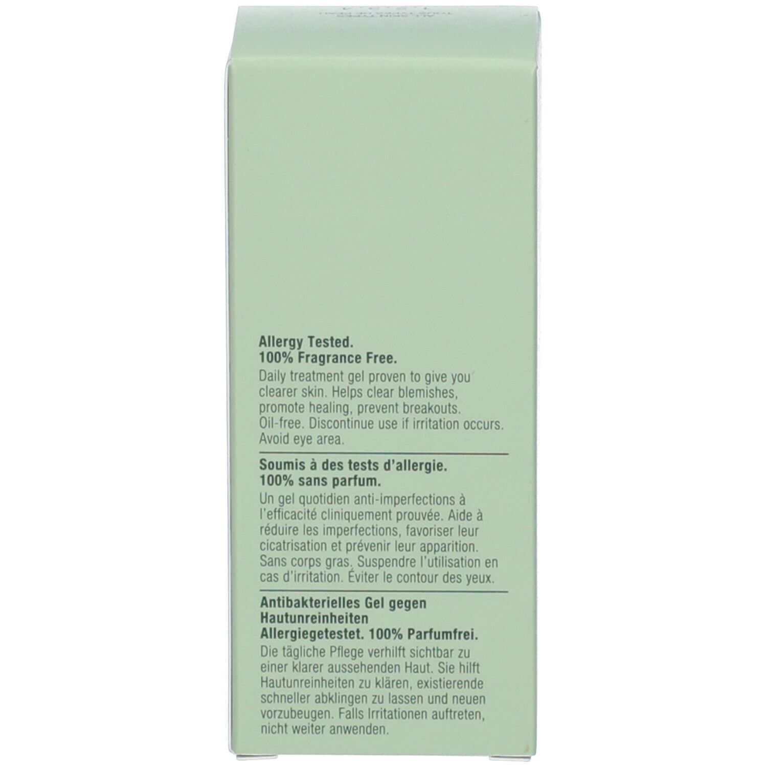 Retro della scatola verde. Testo multilingue, incluso l'italiano, sul prodotto.