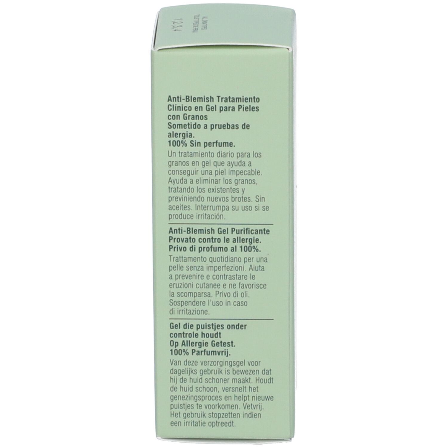 Retro della scatola verde. Testo multilingue, incluso l'italiano, sul prodotto.