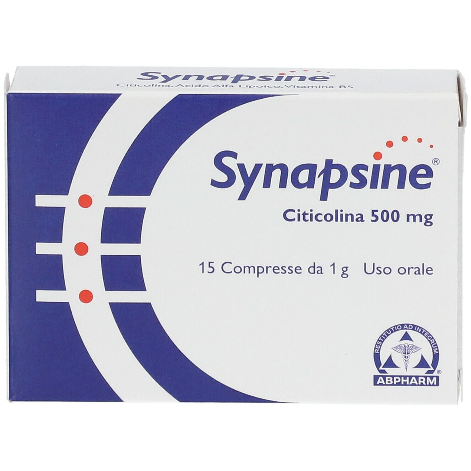 Scatola di Synapsine Citicolina 500 mg. 15 compresse. Logo e testo su sfondo bianco.