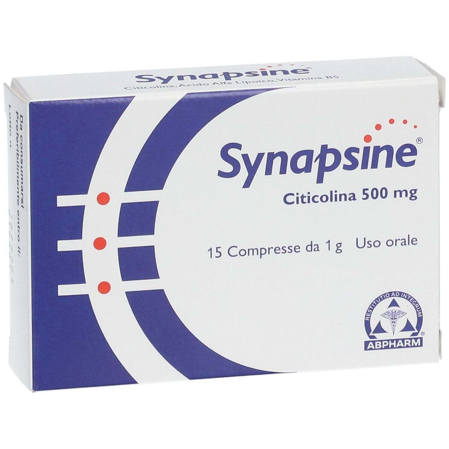 Scatola di Synapsine Citicolina 500 mg. 15 compresse. Logo e testo su sfondo bianco.