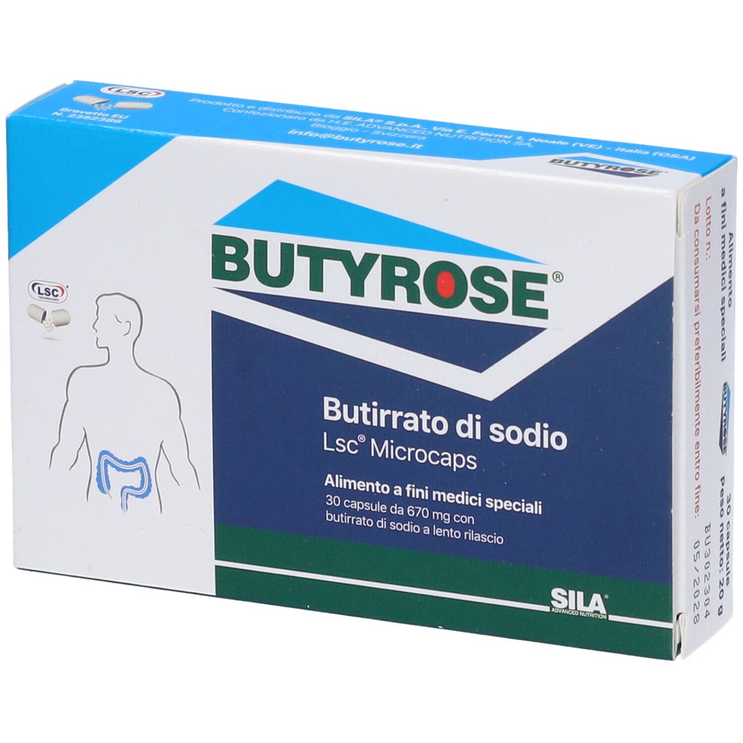 Scatola blu e bianca BUTYROSE. Contiene Butirrato di sodio Lsc Microcaps. 30 capsule.