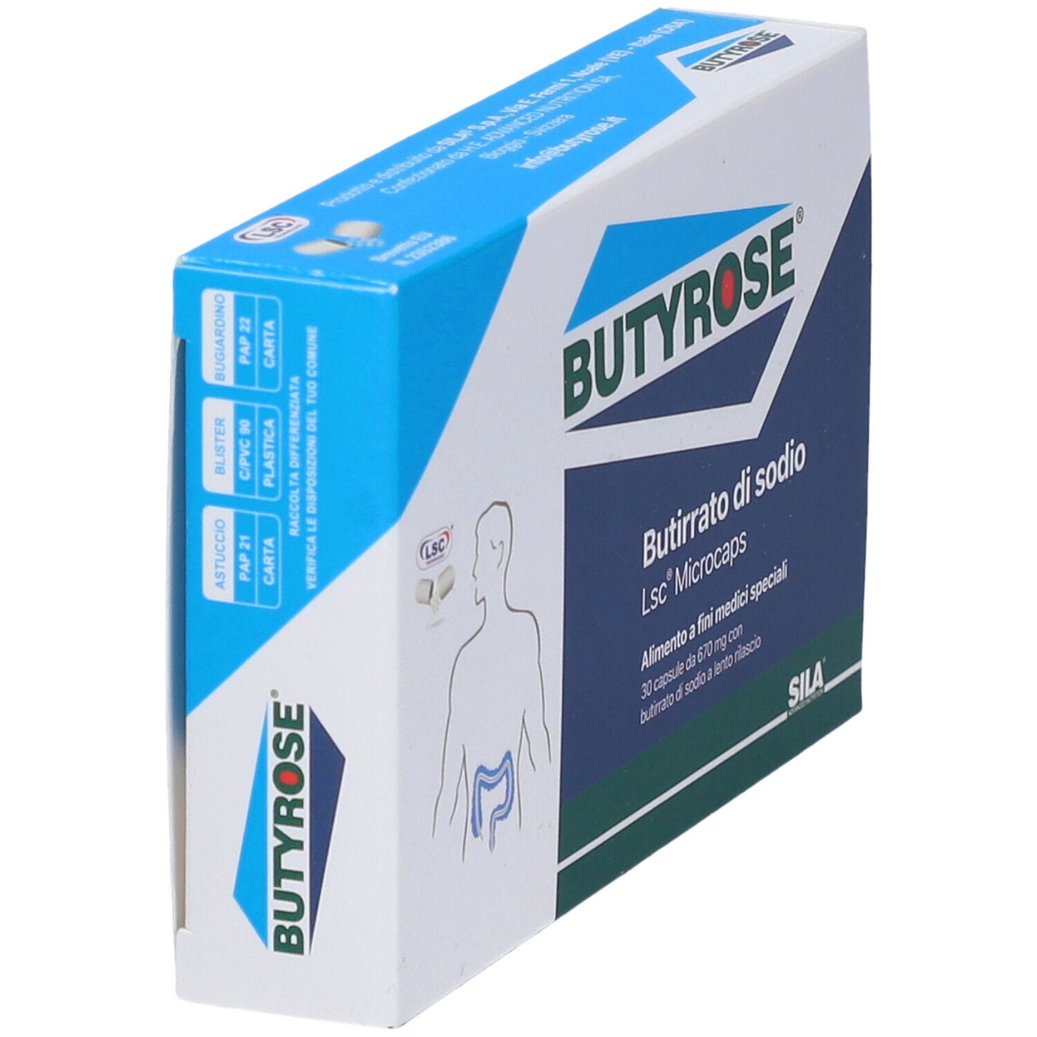 Scatola BUTYROSE, blu e bianca. Contiene Butirrato di sodio Lsc Microcaps. Informazioni sulla confezione.