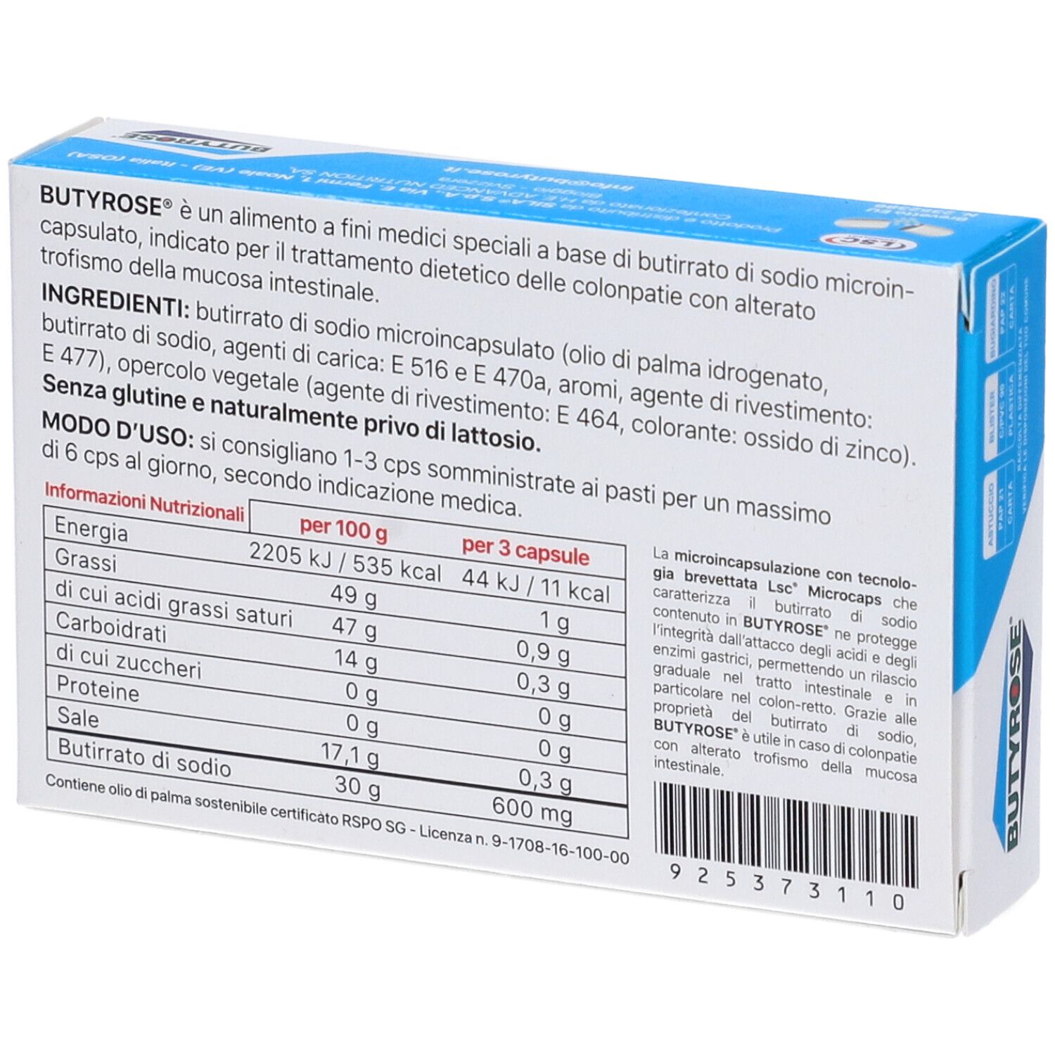 Retro della scatola BUTYROSE. Contiene informazioni su ingredienti, valori nutrizionali e uso.