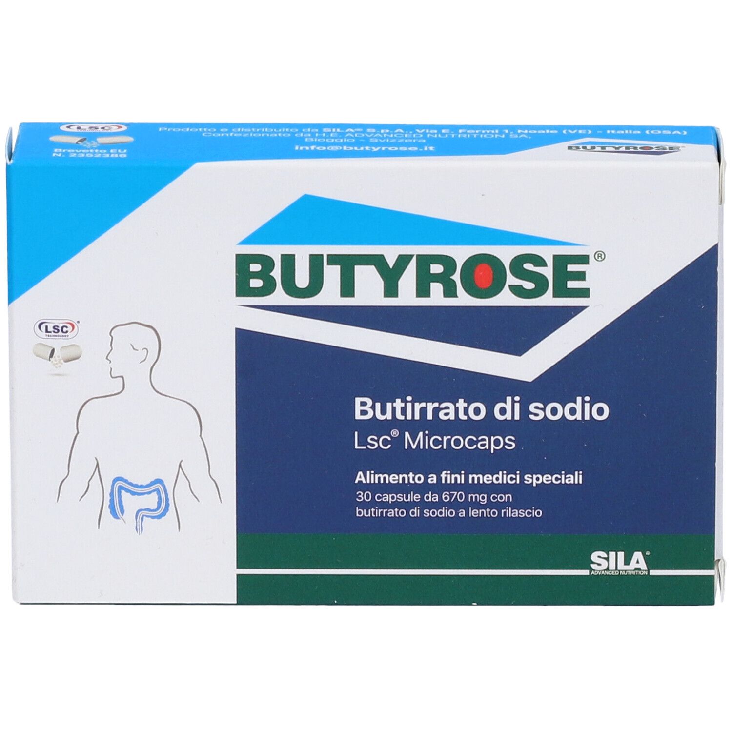 Scatola blu e bianca BUTYROSE. Contiene Butirrato di sodio Lsc Microcaps. 30 capsule.