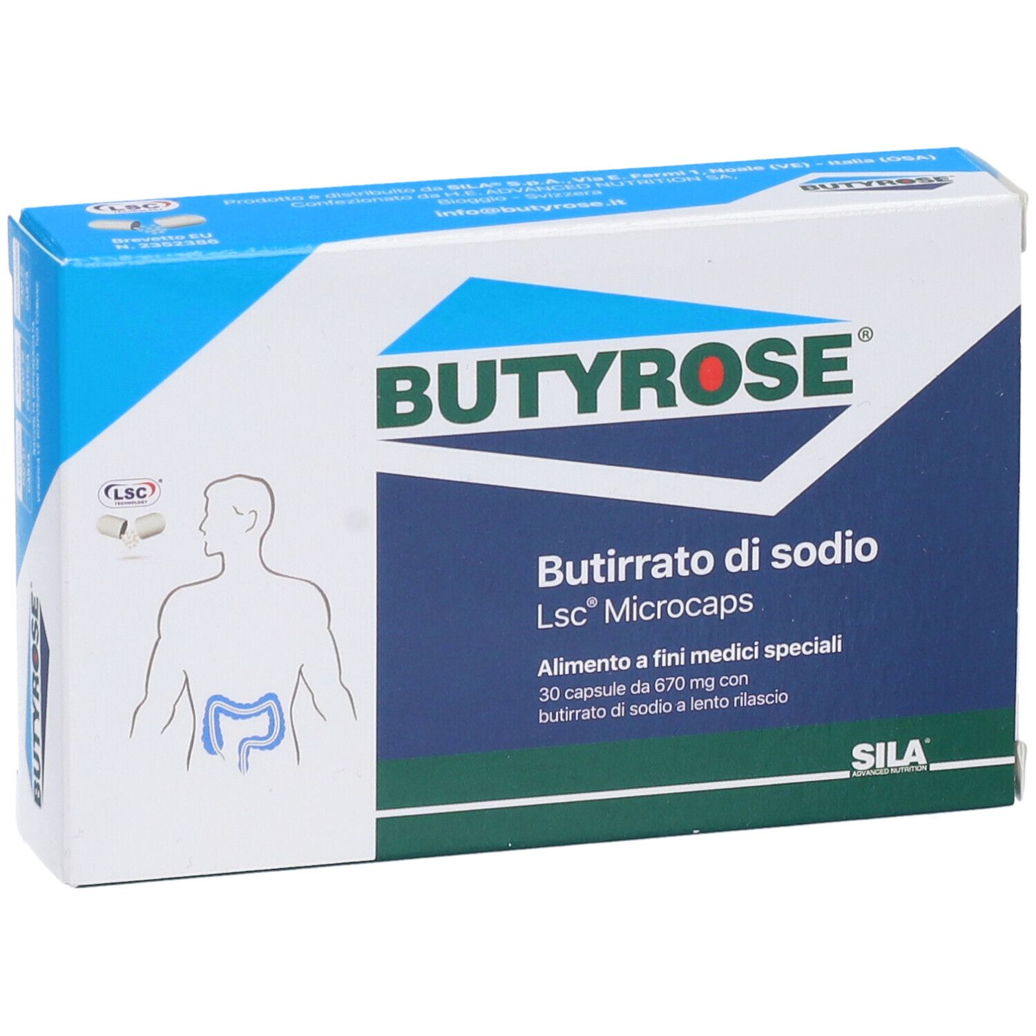 Scatola blu e bianca BUTYROSE. Contiene Butirrato di sodio Lsc Microcaps. 30 capsule.