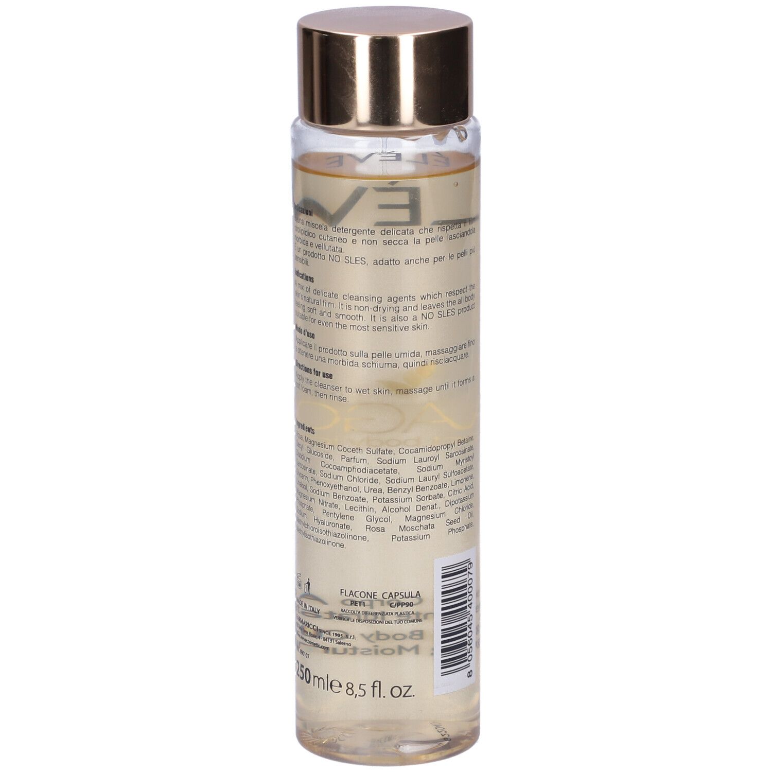Körperreiniger in einer zylindrischen Glasflasche mit goldenem Deckel. Aufschrift: ÉLÈVE. Etikett mit Inhaltsstoffen und Anwendungshinweisen.
