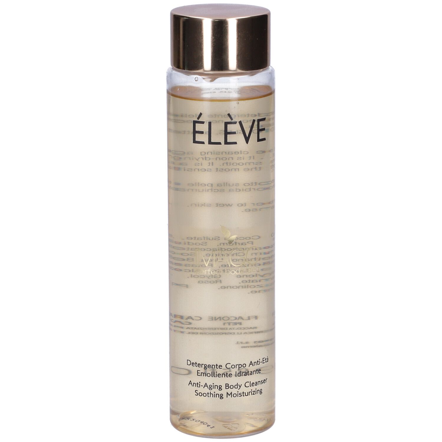 Körperreiniger in einer zylindrischen Glasflasche mit goldenem Deckel. Aufschrift: ÉLÈVE. Text: Anti-Aging Body Cleanser.