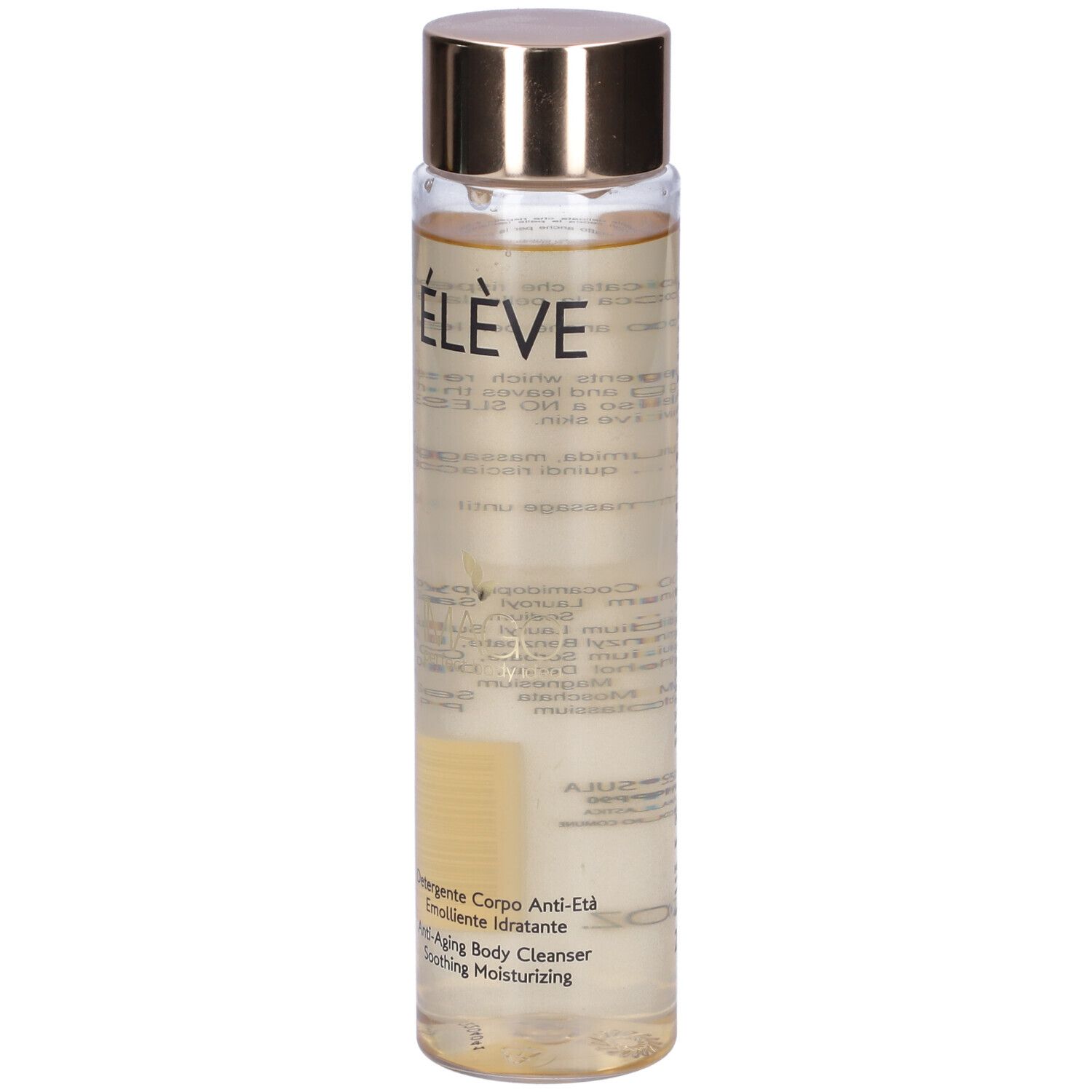 Körperreiniger in einer zylindrischen Glasflasche mit goldenem Deckel. Aufschrift: ÉLÈVE. Text: Anti-Aging Body Cleanser.
