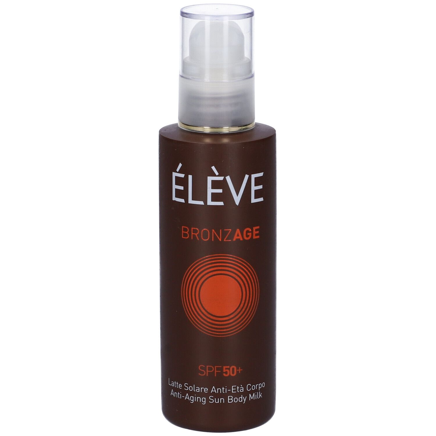 Flacone marrone con erogatore bianco. Scritta: ÉLÈVE BRONZAGE SPF 50+.