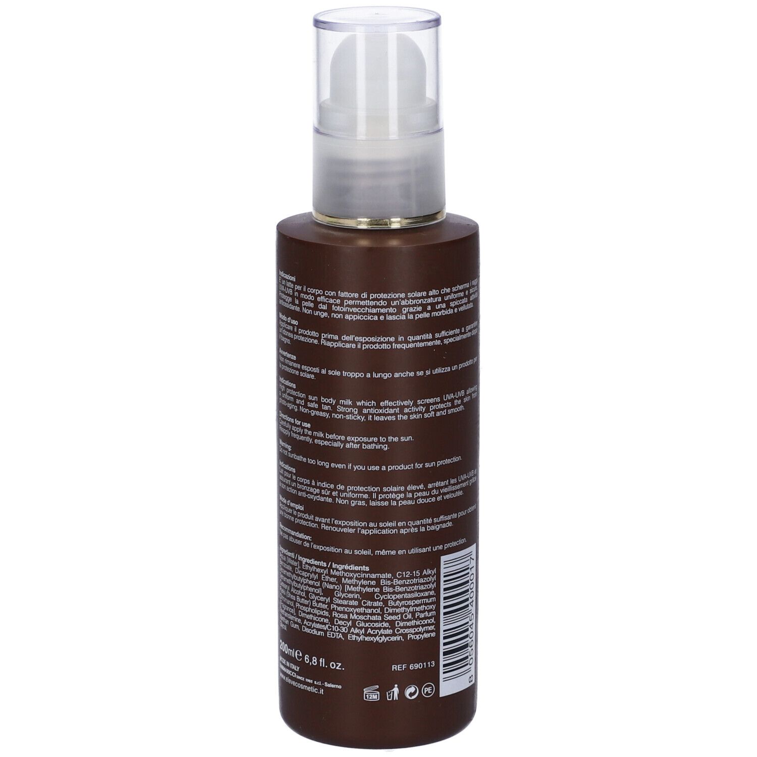 Flacone marrone con erogatore bianco. Testo sul retro, ingredienti.