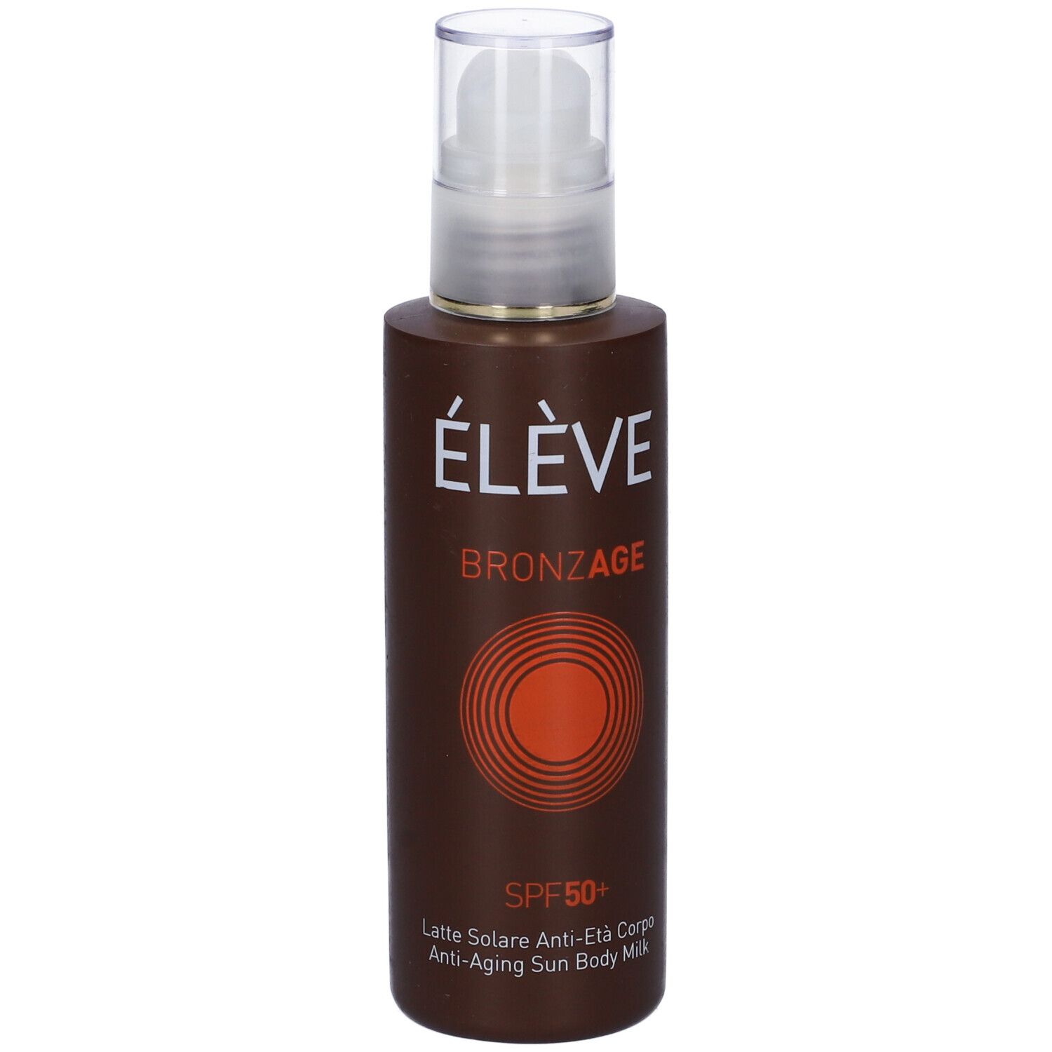 Flacone marrone con erogatore bianco. Scritta: ÉLÈVE BRONZAGE SPF 50+.