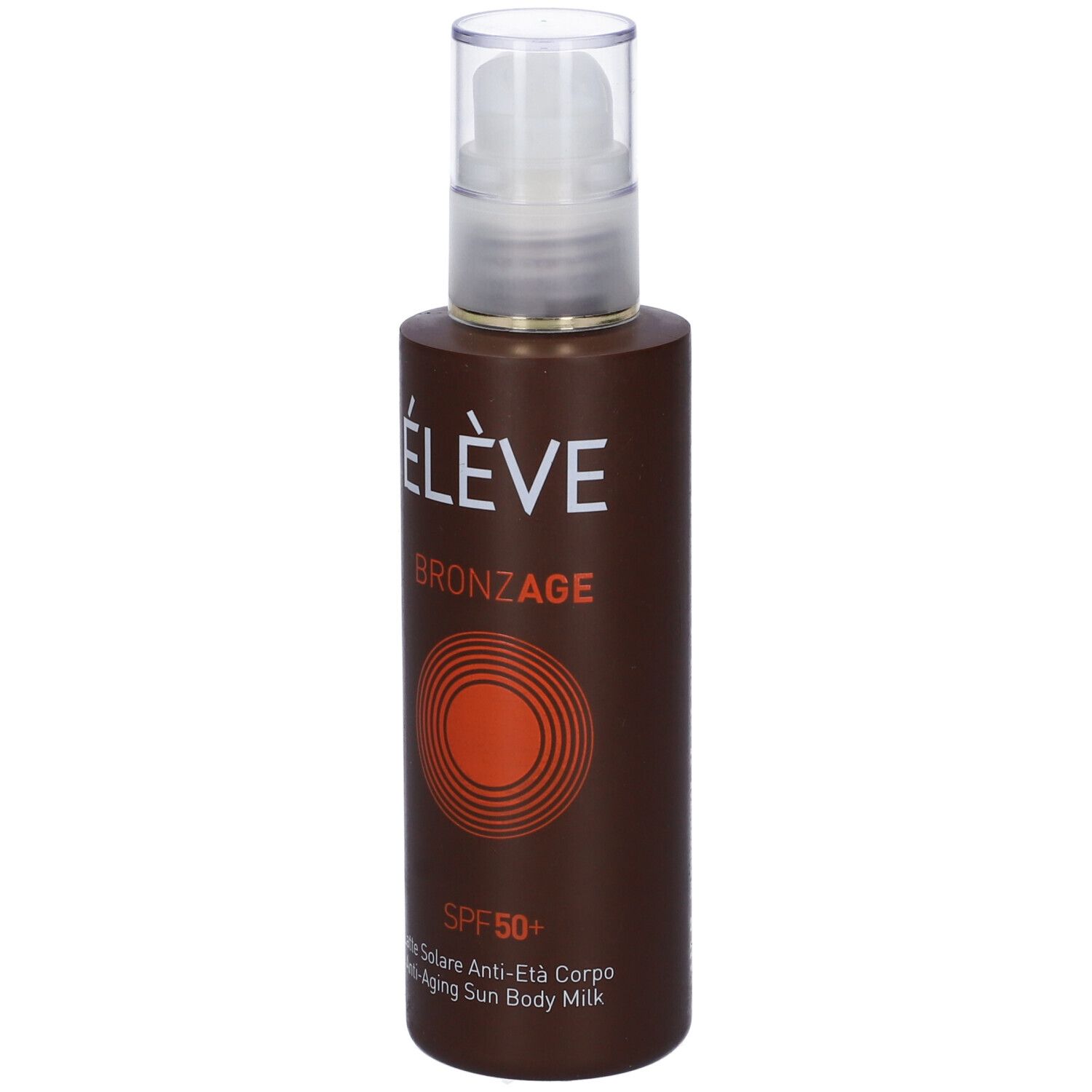 Flacone marrone con erogatore bianco. Scritta: ÉLÈVE BRONZAGE SPF 50+.