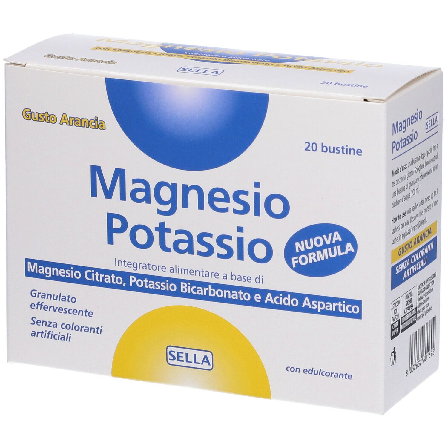 Confezione di "Magnesio Potassio" Sella, 20 bustine. Scritto "Gusto Arancia". Integratore alimentare.