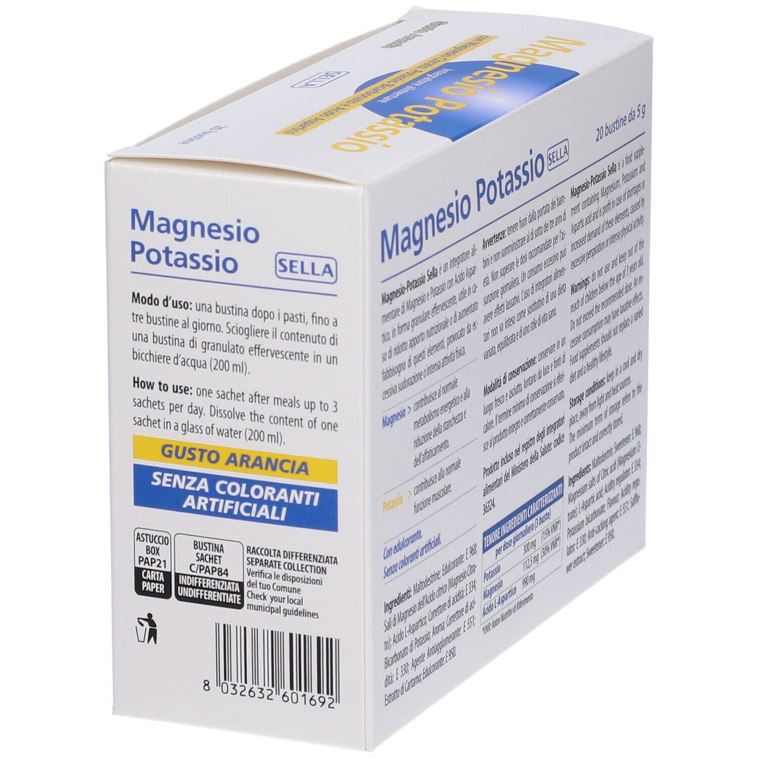Confezione "Magnesio Potassio" Sella, 20 bustine. Scritto "Gusto Arancia". Istruzioni per l'uso.