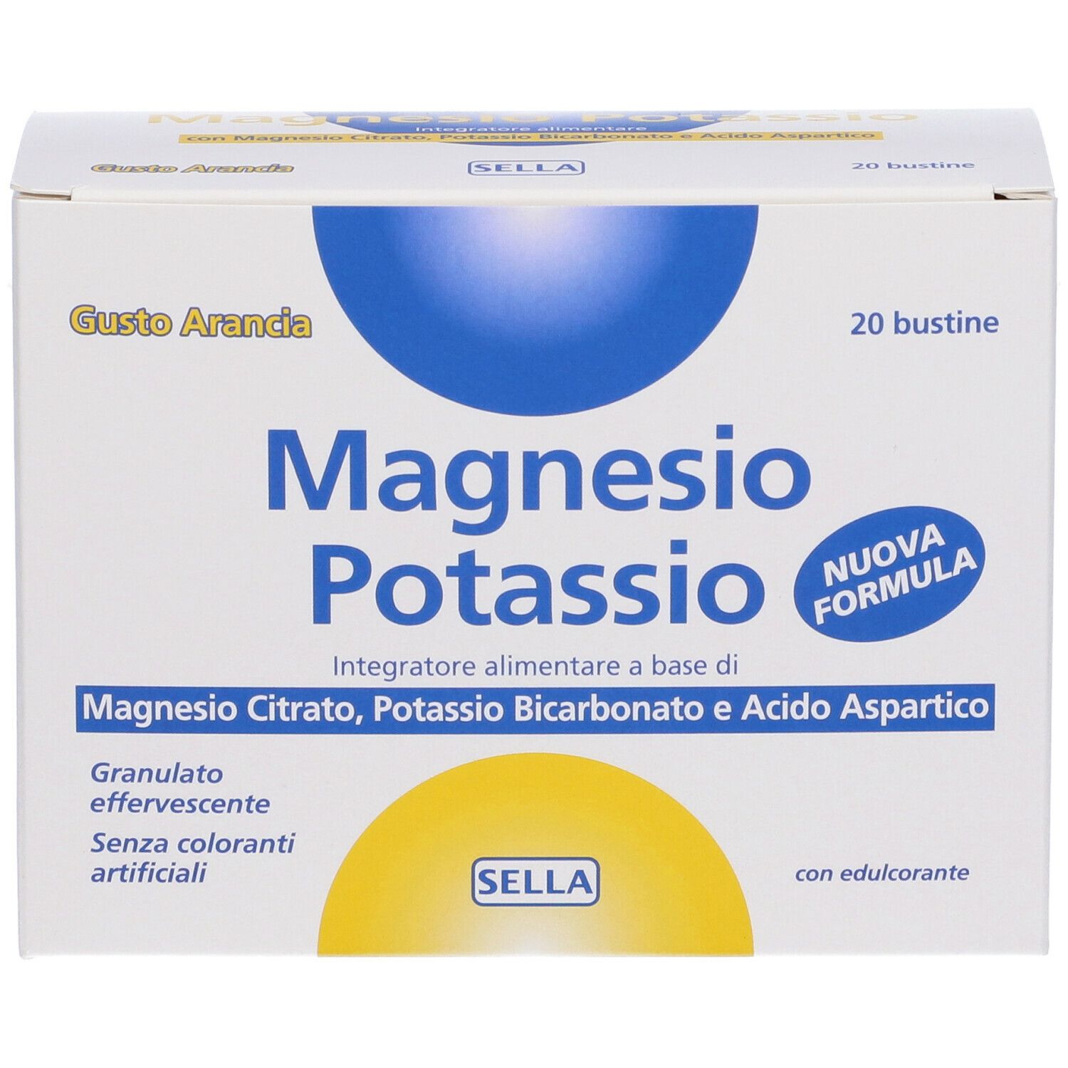 Confezione "Magnesio Potassio" Sella, 20 bustine. Scritto "Gusto Arancia". Nome prodotto in maiuscolo.