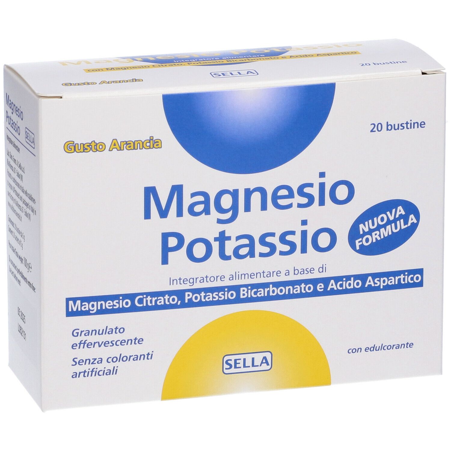 Confezione "Magnesio Potassio" Sella, 20 bustine. Scritto "Gusto Arancia". Nome prodotto in maiuscolo.