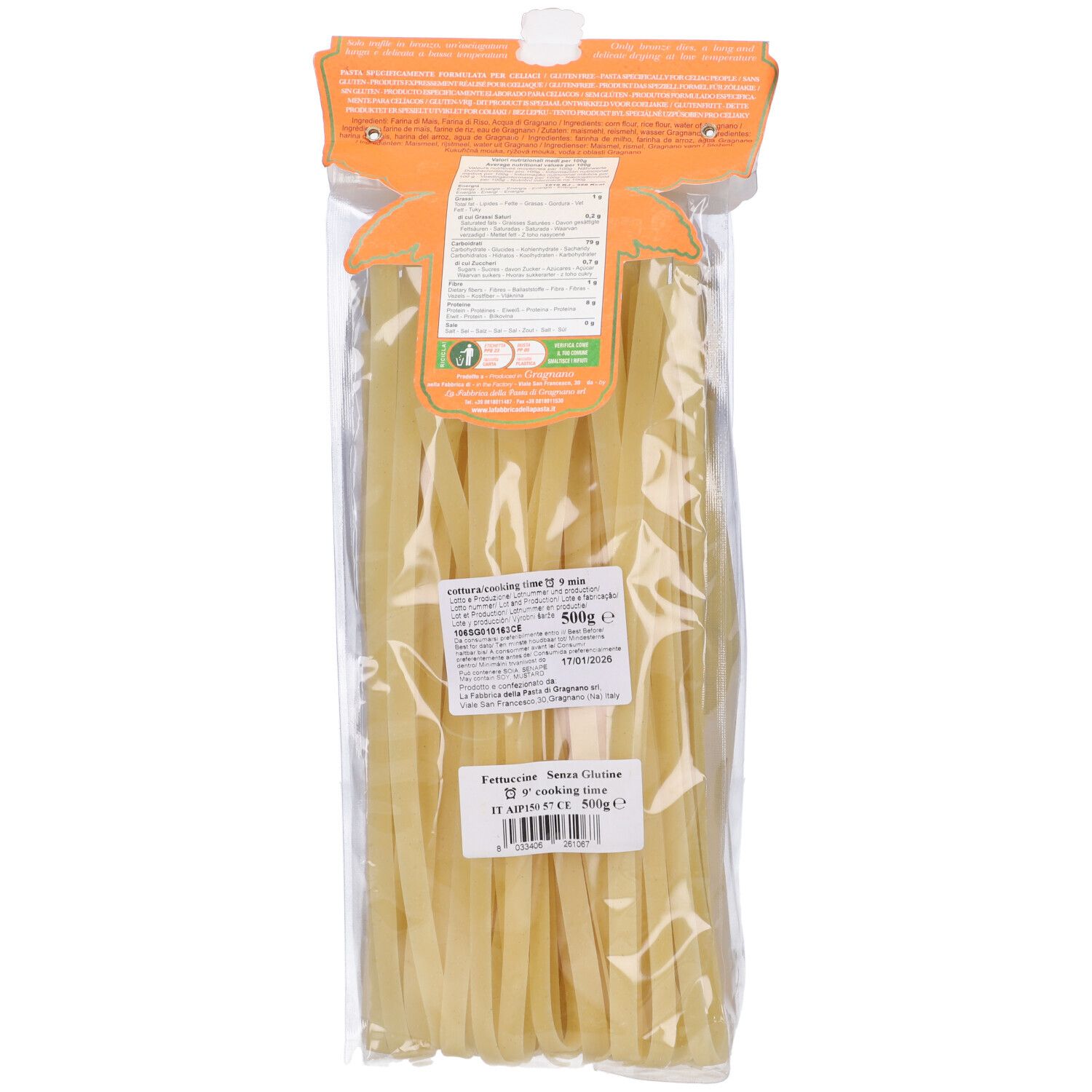 Retro della confezione di fettuccine senza glutine. Confezione trasparente con etichette. Visibile: nome del prodotto, informazioni nutrizionali, certificazioni.