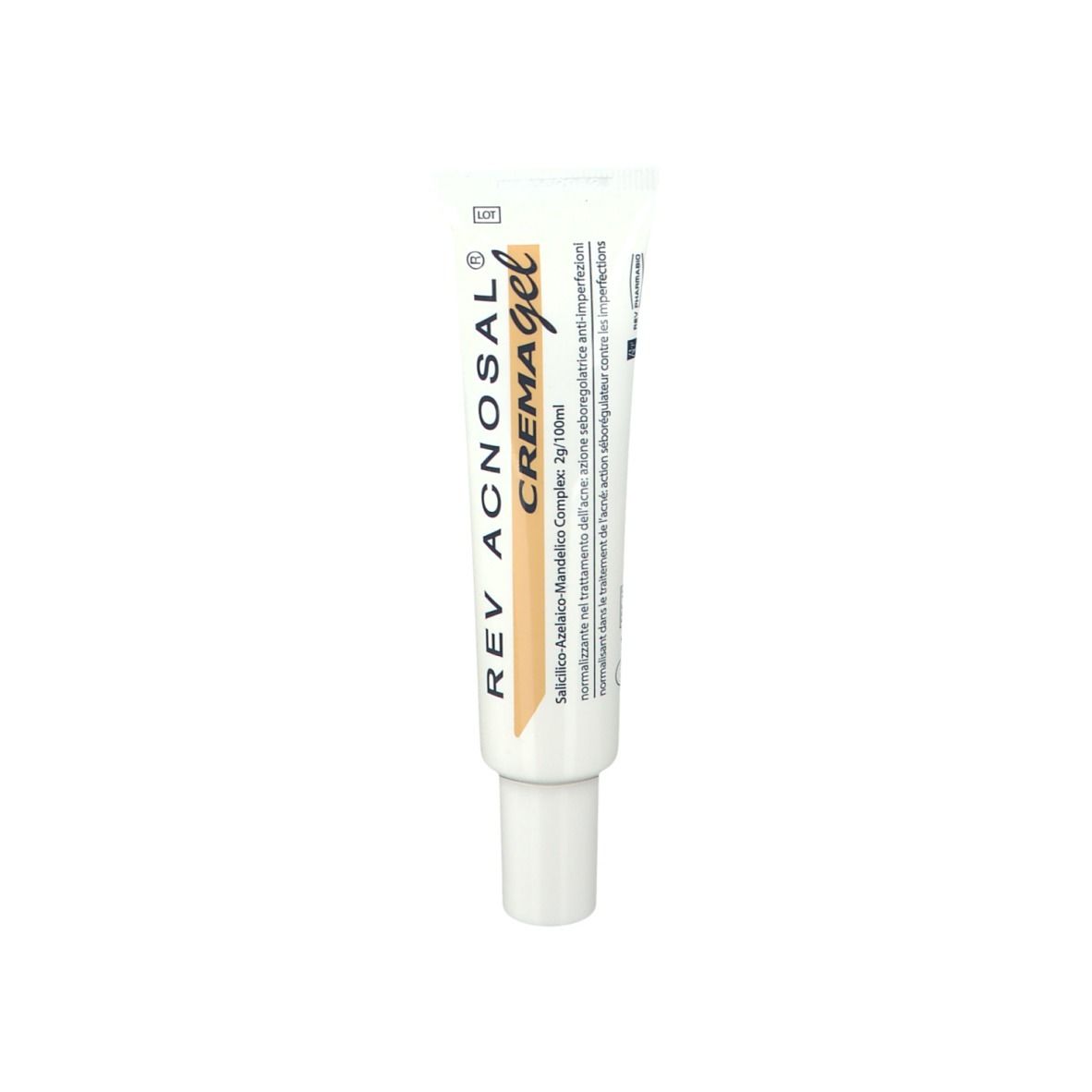 Tubo bianco con dettagli gialli. Scritta: REV ACNOSAL CREMAGEL. Nome del prodotto e ingredienti.