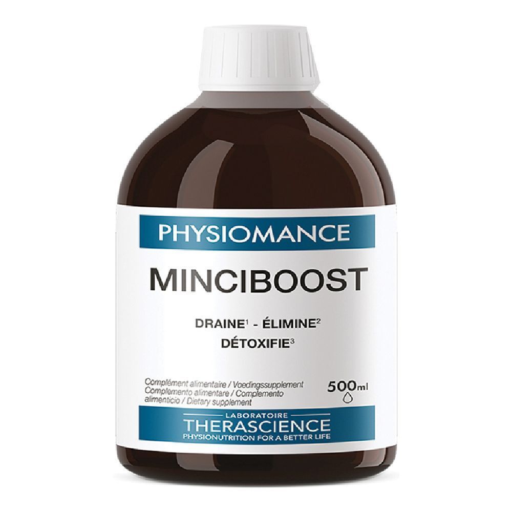 Liquido marrone in bottiglia con tappo bianco. Scritta: Physiomance Minciboost. 500ml.