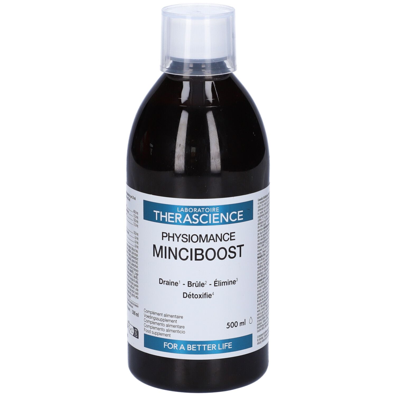 Liquido marrone in bottiglia con tappo bianco. Scritta: Physiomance Minciboost. 500ml.