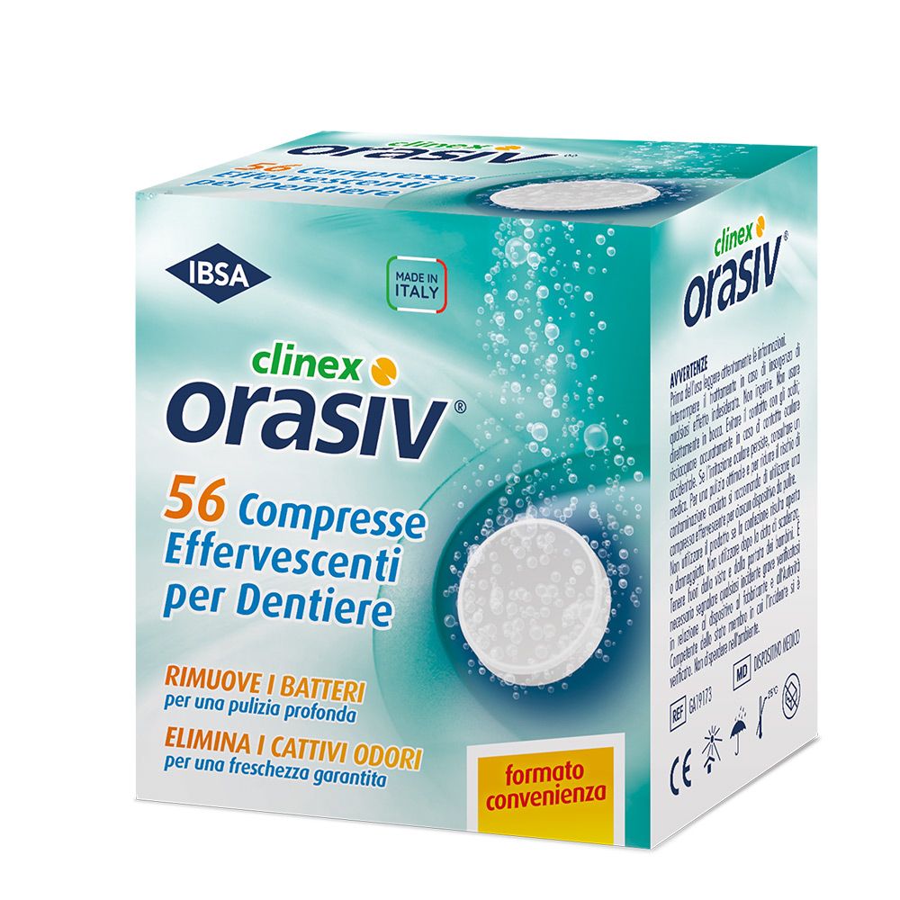 Scatola ORASIV® clinex® compresse effervescenti. 56 compresse. Design turchese e bianco. Logo IBSA. Made in Italy.