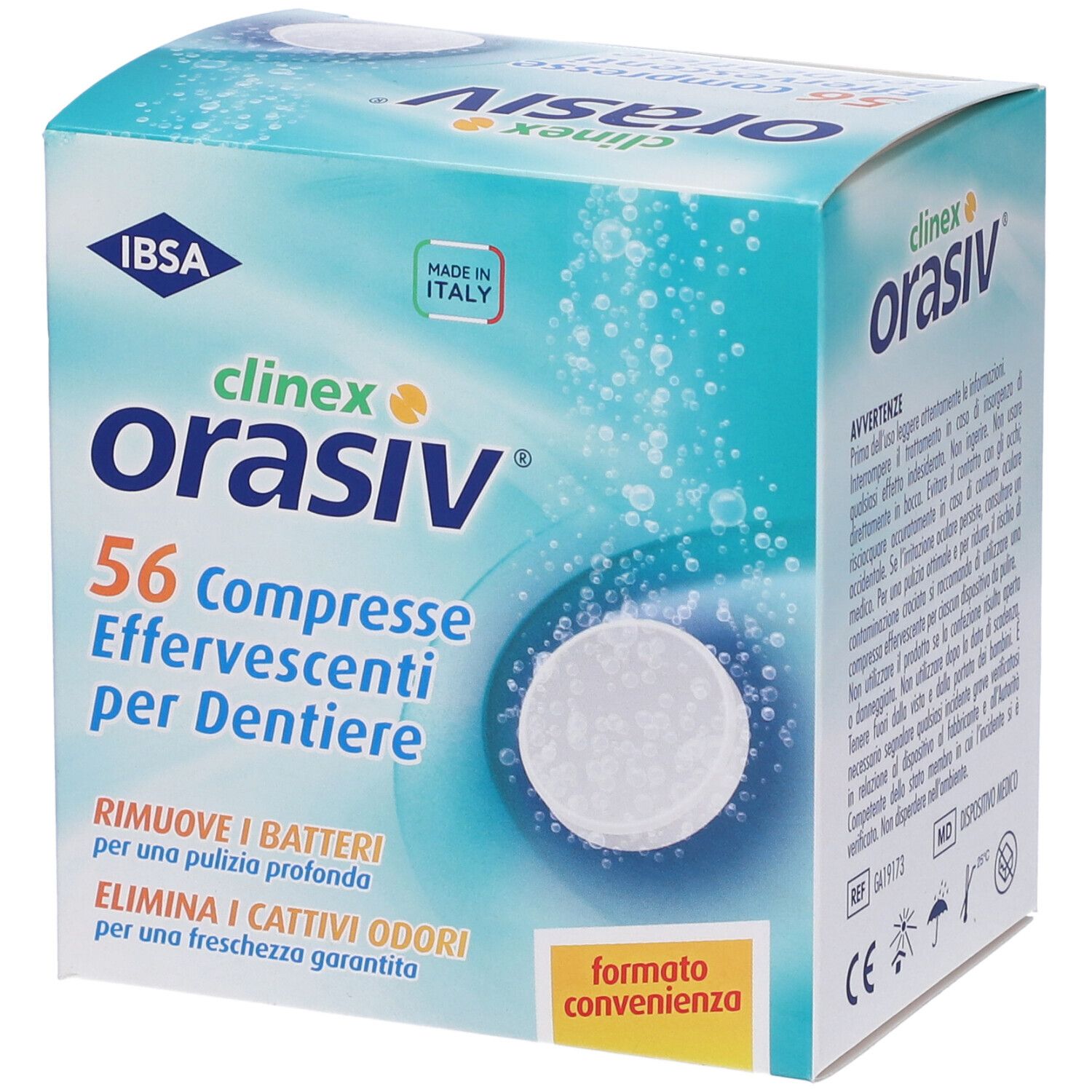 Scatola ORASIV® clinex® compresse effervescenti. 56 compresse. Design turchese e bianco. Logo IBSA. Made in Italy.