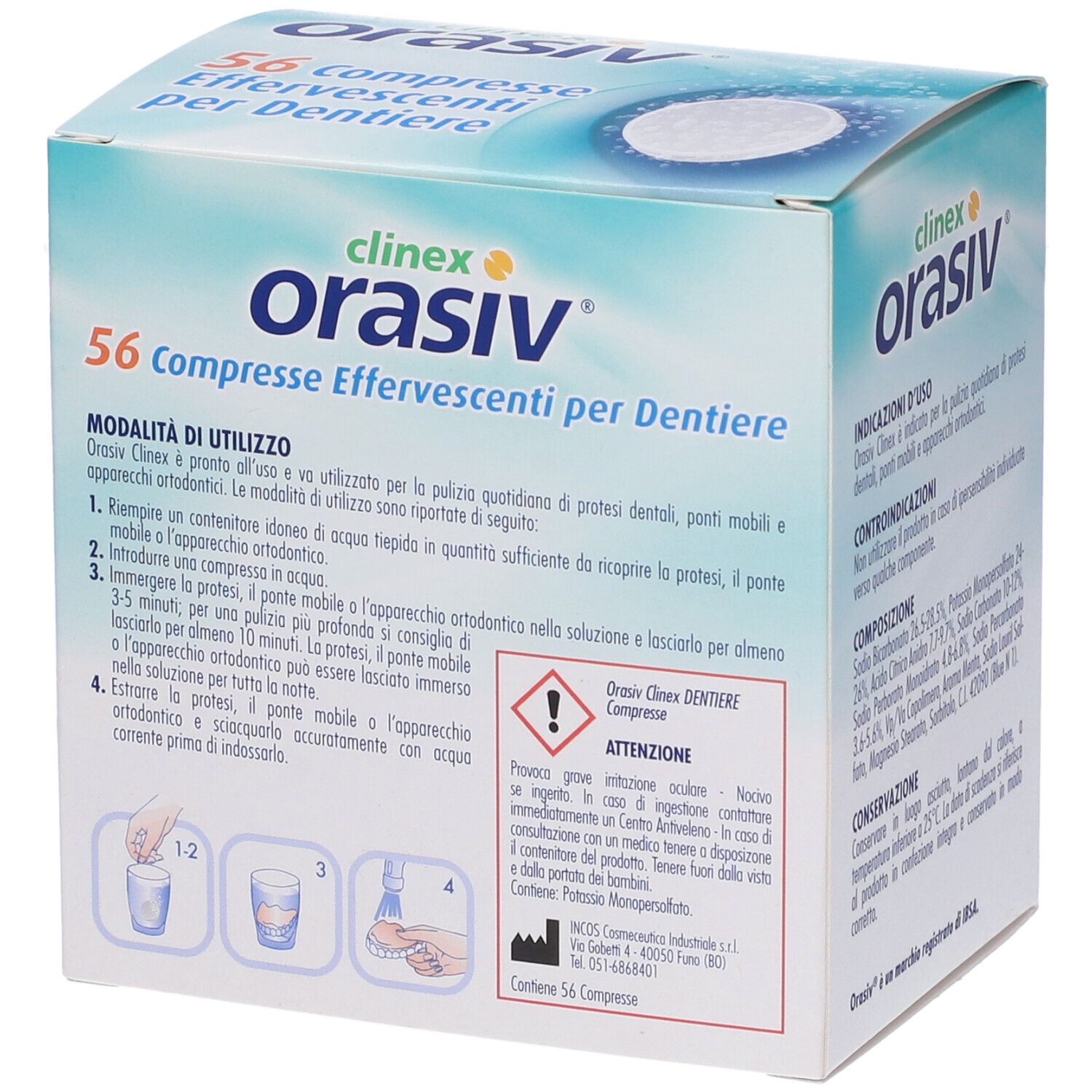 Scatola ORASIV® clinex® compresse effervescenti. 56 compresse. Design turchese e bianco. Logo IBSA. Made in Italy.