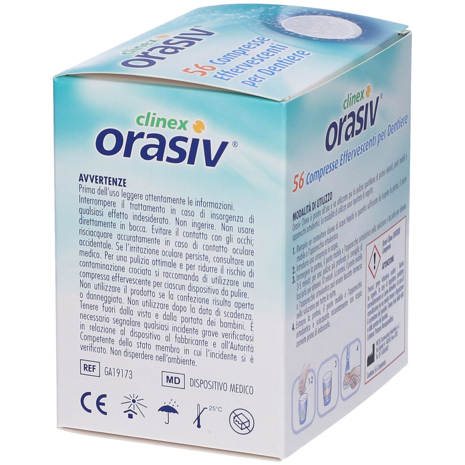 Scatola ORASIV® clinex® compresse effervescenti. 56 compresse. Design turchese e bianco. Logo IBSA. Made in Italy.